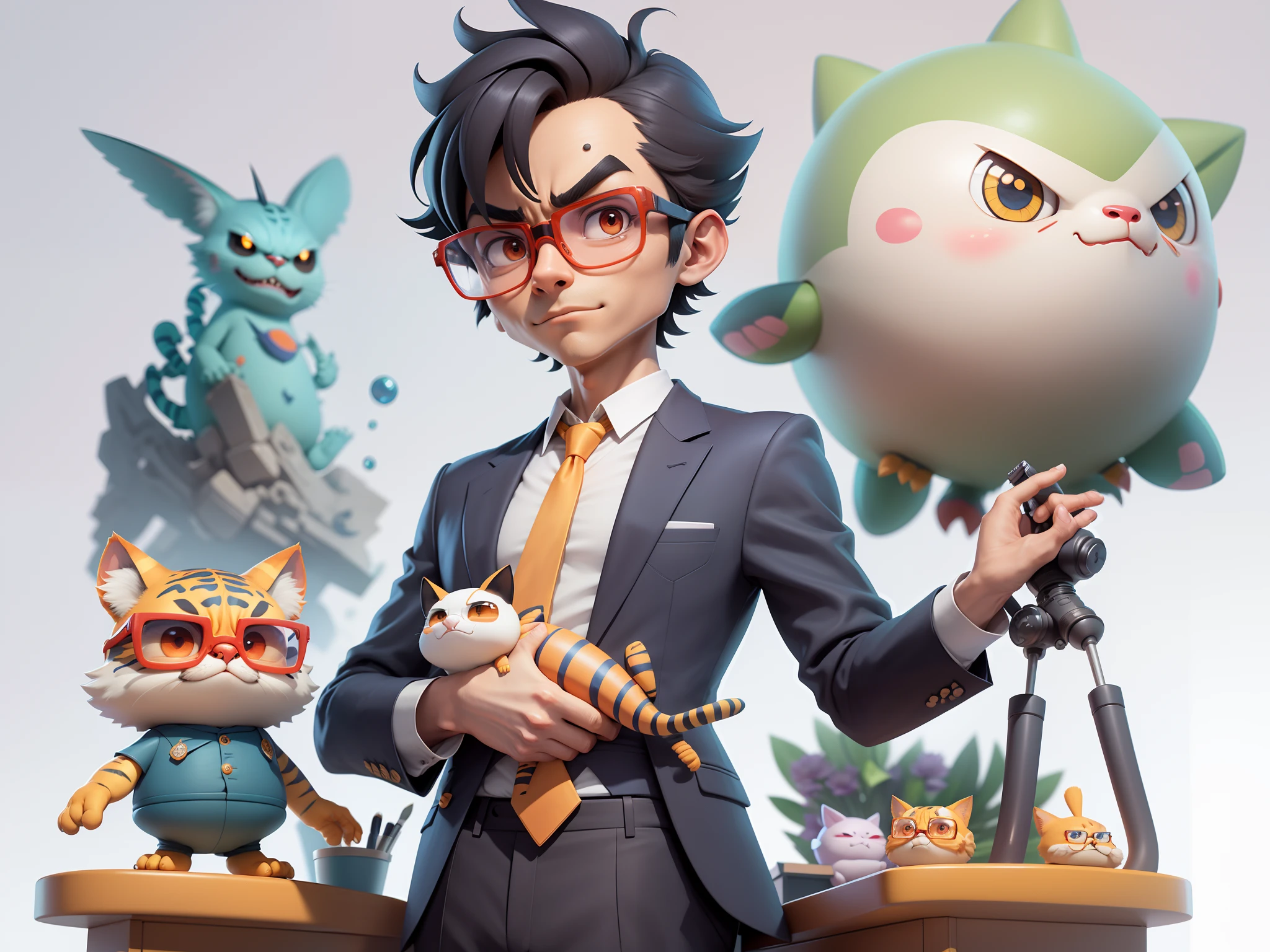 A young man in a suit, Short hair and glasses sat at his desk，holding laptop，digitial painting，tigre，3D character design by Mark Clairen and Pixar and Hayao Miyazaki and Akira Toriyama，4K HD illustration，Very detailed facial features and cartoon-style visuals。