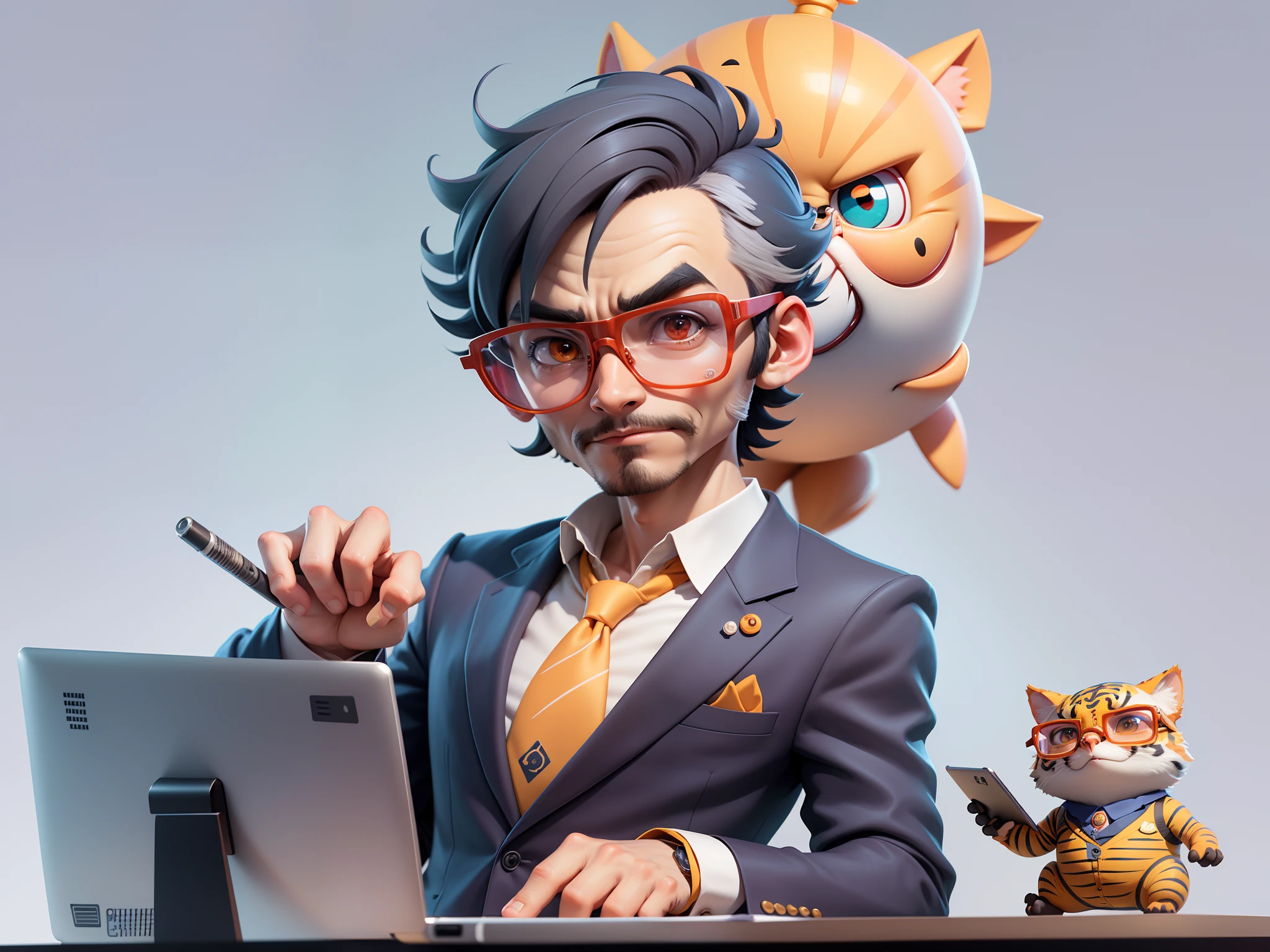 A young man in a suit, Short hair and glasses sat at his desk,holding laptop,digitial painting,tigre,3D character design by Mark Clairen and Pixar and Hayao Miyazaki and Akira Toriyama,4K HD illustration,Very detailed facial features and cartoon-style visuals。
