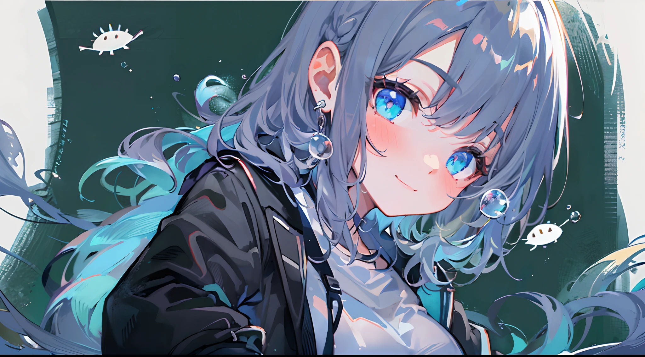 ((top-quality)), ((​masterpiece)), ((ultra-detailliert)), (extremely delicate and beautiful), girl with, 独奏, cold attitude,((Black jacket)),She is very(relax)with  the(Settled down)Looks,A dark-haired, depth of fields,evil smile,Bubble, under the water, Air bubble,bright light blue eyes,Inner color with black hair and light blue tips,Cold background,Bob Hair - Linear Art, shortpants、knee high socks、Camisole inner shirt、Hands in pockets