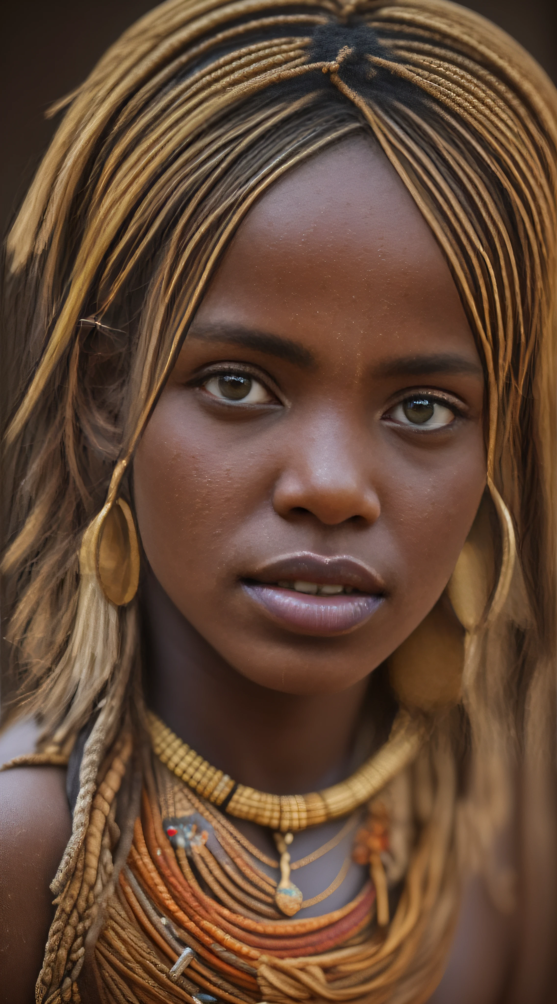 a full body Portrait of a slim nude Ethiopia tribe princess is in the desert ((without clothes)), tribal tattoos, black skin, Masterpiece, hyper-realistic, perfect face, earthy colors, Sharp focus, detailed eyes, Soft bokeh, exquisite details, 100 megapixel, Hasselblad X2D 100C camera, 80mm lens, ultra sharp focus, f/5.6 ISO 100, shutter speed 1/125, intricately detailed, octane render, dark render, unreal engine, global illumination, volumetric lighting, warm lighting, ray tracing, rich colors, National Geographic photograph, Time magazine award winning photograph, low contrast, highly detailed photograph, oil painting, heavy strokes, paint dripping