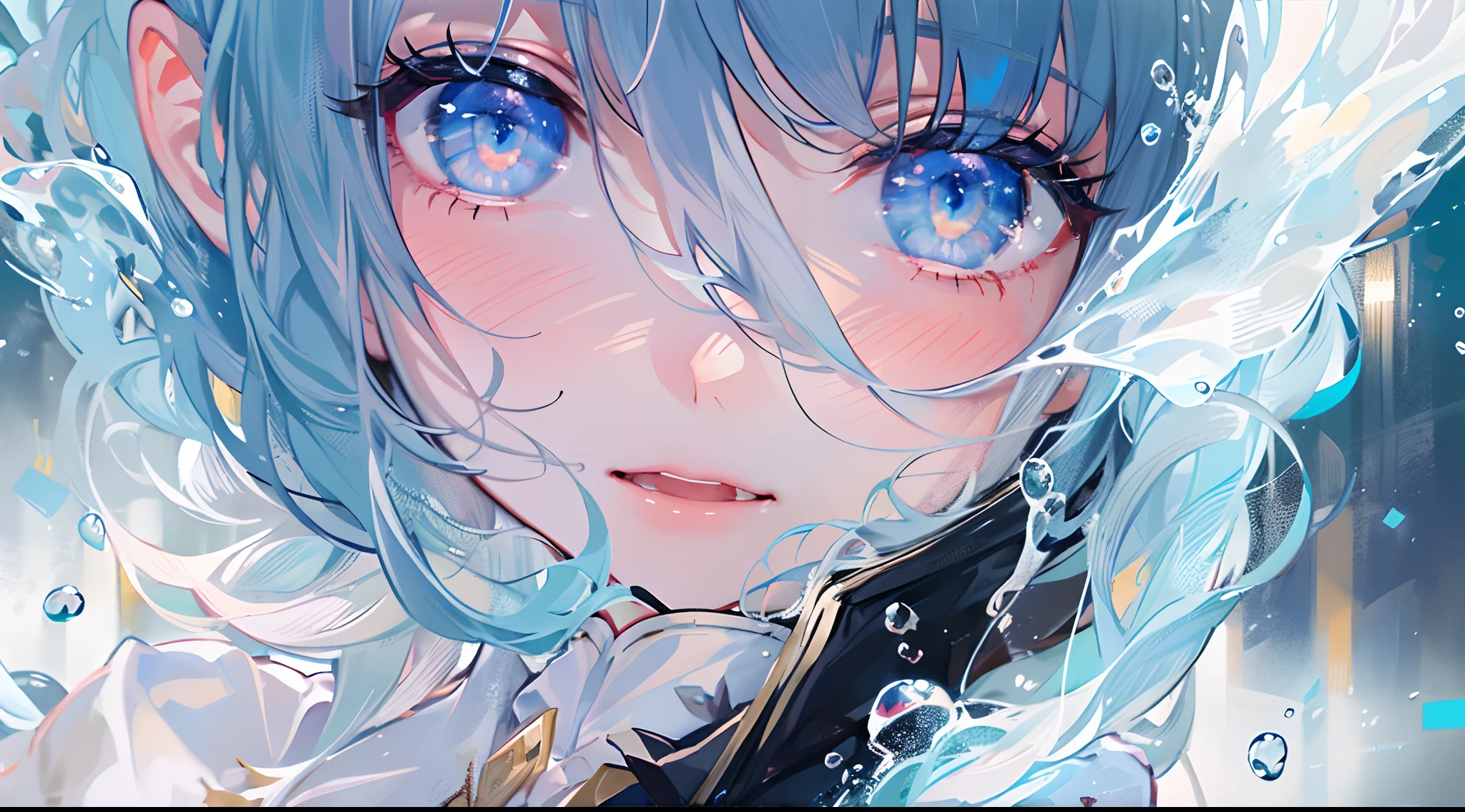((top-quality)), ((masterpiece)), ((ultra-detailliert)), (extremely delicate and beautiful), girl with, 独奏, cold attitude,((Black jacket)),She is very(relax)with the(Settled down)Looks,A dark-haired, depth of fields,evil smile,Bubble, under the water, Air bubble,bright light blue eyes,Inner color with black hair and light blue tips,Cold background,Bob Hair - Linear Art, shortpants、knee high socks、White uniform like school uniform、Light blue ribbon ties、Clothes are sheer、Hands in pockets