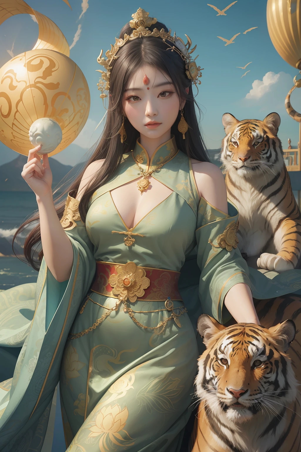 an ancient Chinese goddess, guanyin of the southern seas, Guanyin, Inspired by China, Avalokiteshvara rides a tiger,,Serene expression,shui mo hua,Buddha,Buddhist,Lotus,Chinese painting style,Thangka style