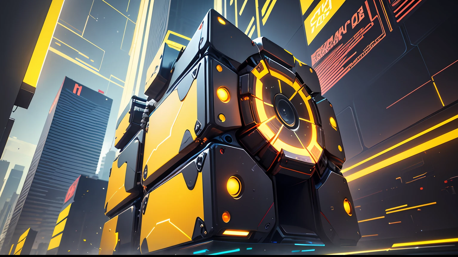 "Technological universe background,Yellow cyberpunk style,Highlight shines,Sophisticated and cool,Full of technology,Complicated details,The center translucent is breaking up the C4D rendered giant cube,Crash details reveal glossy sides,Hidden mysteries,poster for。"