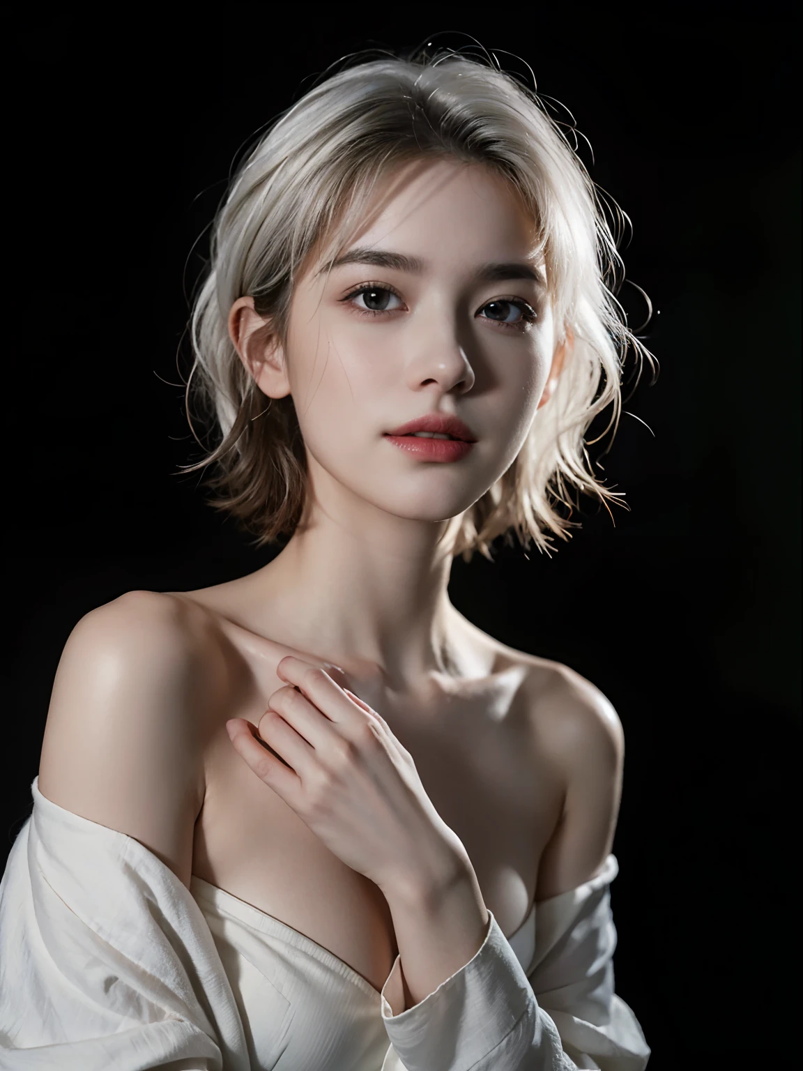 Best quality, masterpiece, ultra high res, (photorealistic:1.5), raw photo, 1girl, offshoulder, in the dark, deep shadow, low key, cold light, sexy look, white hair, short wavy hair, purple eyes, light smile, average breasts