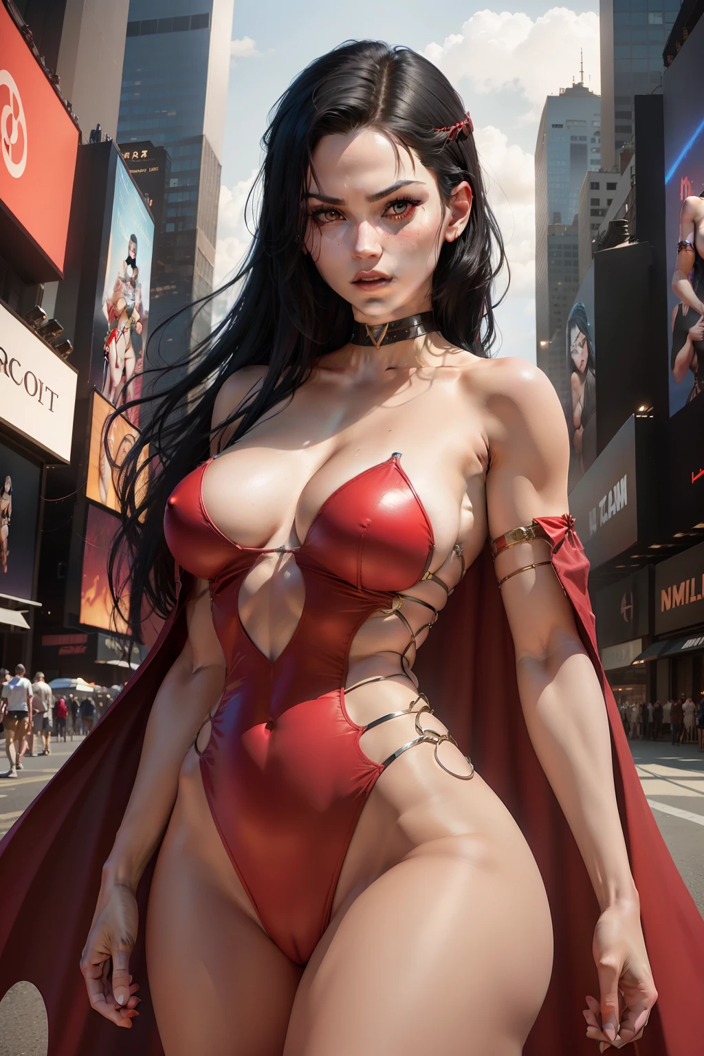 In New York, time square, gorgeous, red swimsuit and mesmerizing red eyes and showing vampire teeth, Vampirella's beautiful gorgeous face in perfect detail is portrayed as an extremely attractive woman with long black hair, pale skin and mesmerizing red eyes. She wears a revealing outfit, which consists of a red bathing suit and cape, combining sensuality with gothic elements, she is often portrayed as a strong, independent and determined character. She is a skilled and courageous beauty, facing many supernatural enemies and dangerous situations, she has a heroic streak. She fights to protect humanity from supernatural threats and evil villains, using her vampiric abilities to fight evil. The complexities make her an intriguing and multifaceted figure. (best quality: 1.0), (Ultra Highres: 1.0), highly detailed face and eyes, (photorealistic: 1.2)