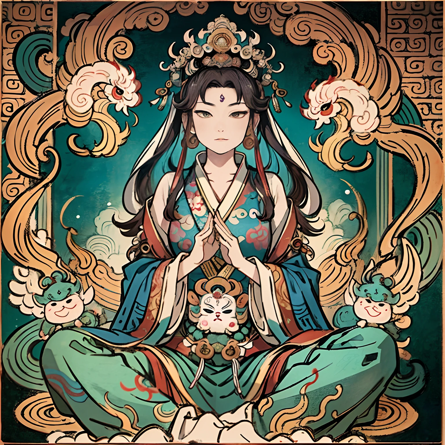 an ancient Chinese goddess, guanyin of the southern seas, Guanyin, Inspired by India, Avalokiteshvara Bodhisattva Phoenix,,Serene expression,shui mo hua,Buddha,Buddhist,Lotus,Chinese painting style,Thangka style