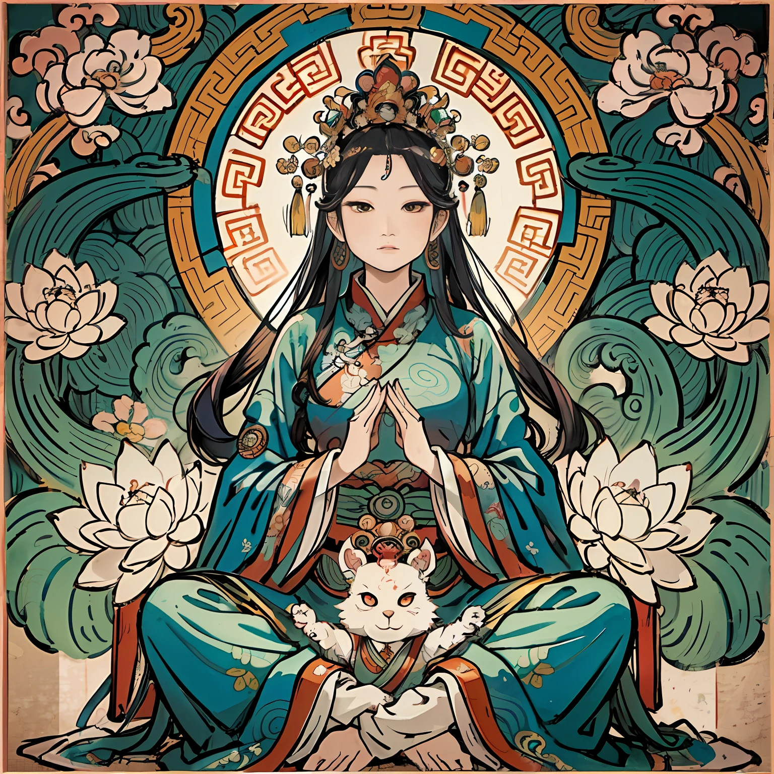 an ancient Chinese goddess, guanyin of the southern seas, Guanyin, Inspired by India, Avalokiteshvara Bodhisattva Phoenix,,Serene expression,shui mo hua,Buddha,Buddhist,Lotus,Chinese painting style,Thangka style