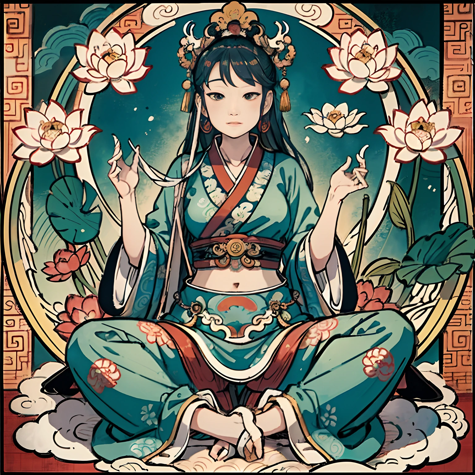 an ancient Chinese goddess, guanyin of the southern seas, Guanyin, Inspired by India, Avalokiteshvara Bodhisattva Phoenix，,Serene expression,shui mo hua,Buddha,Buddhist,Lotus,Chinese painting style,Thangka style