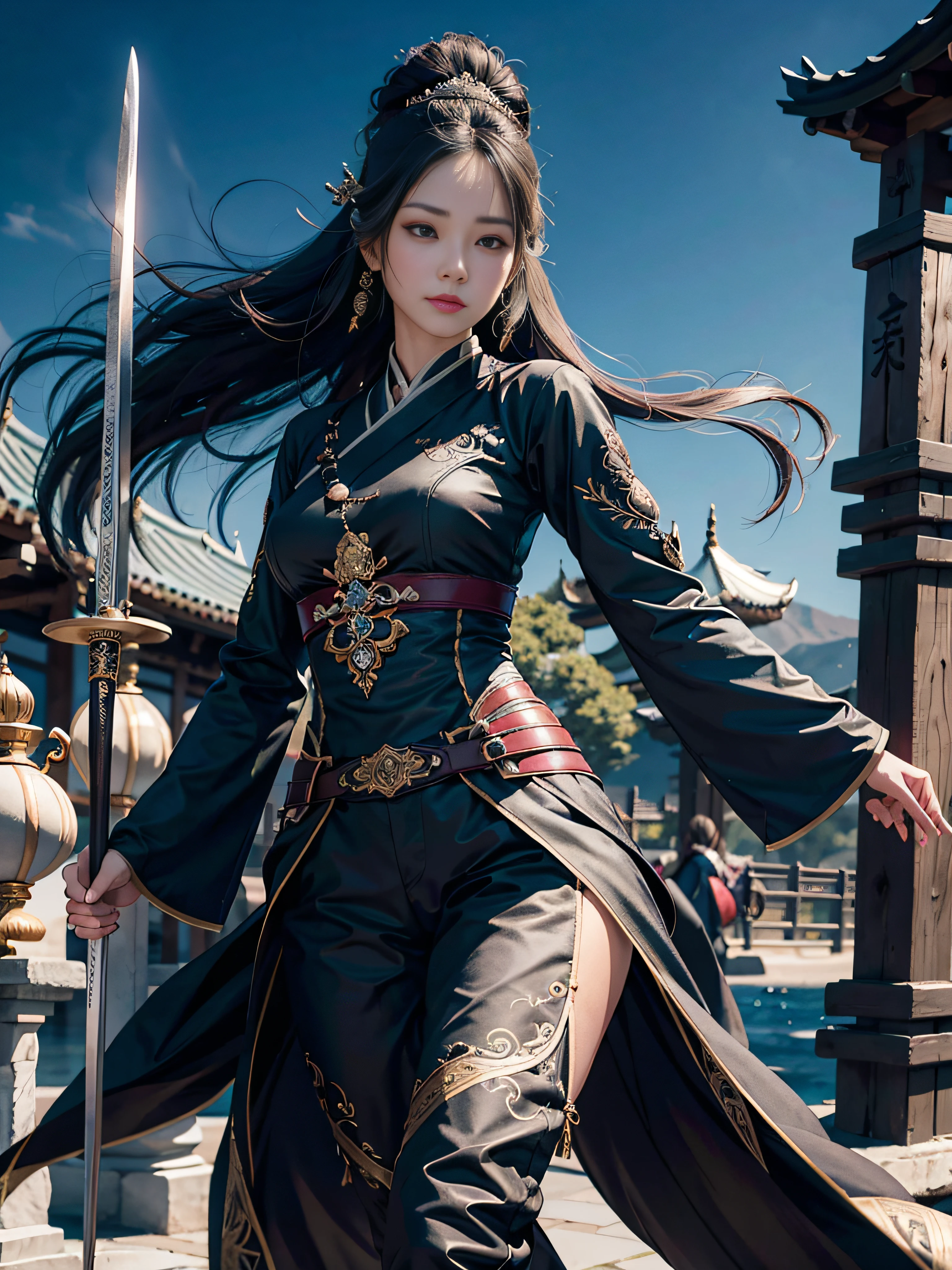 Best quality,masterpiece,ultra high res,(photorealistic:1.4),xiuxian,weapon,Detailed face, 1girl,solo,weapon,cleavage,(magic circle:1.2),xiuxian,upper body,Beautiful girl,full body,huge breasts,east asian architecture,sheath,architecture,