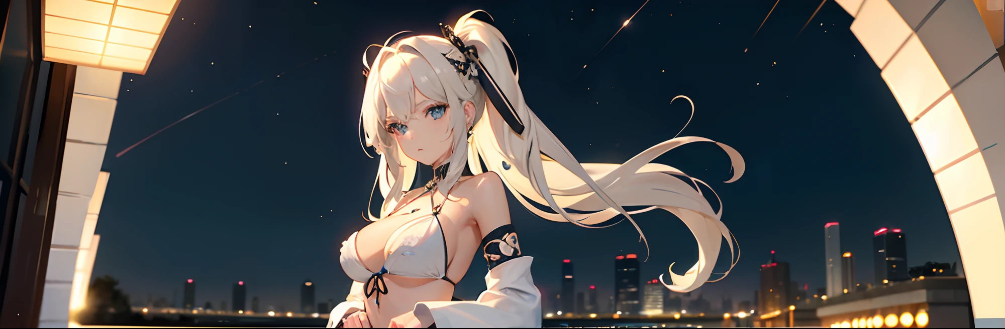((Best Quality)), (Ultra-detailed), ((Extremely detailed)), (Beautiful), ((Kawaii Girl)),(two side up hair).,Platinum Blonde Hair,Long hair, hair between eye, Wavy Hair, Long sideburns,Jade-colored eyes, White skin,Normal Chest,Slender body,Cross Halter Bikini,Sandals,background a pool, Night, Night view of New Tokyo City, Starry sky, Neon light,,Look Camera
