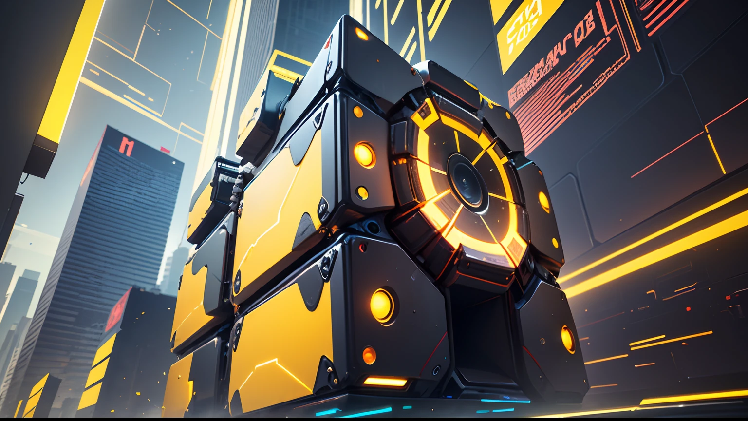 "Technological universe background,Yellow cyberpunk style,Highlight shines,Sophisticated and cool,Full of technology,Complicated details,The center translucent is breaking up the C4D rendered giant cube,Crash details reveal glossy sides,Hidden mysteries,poster for。"