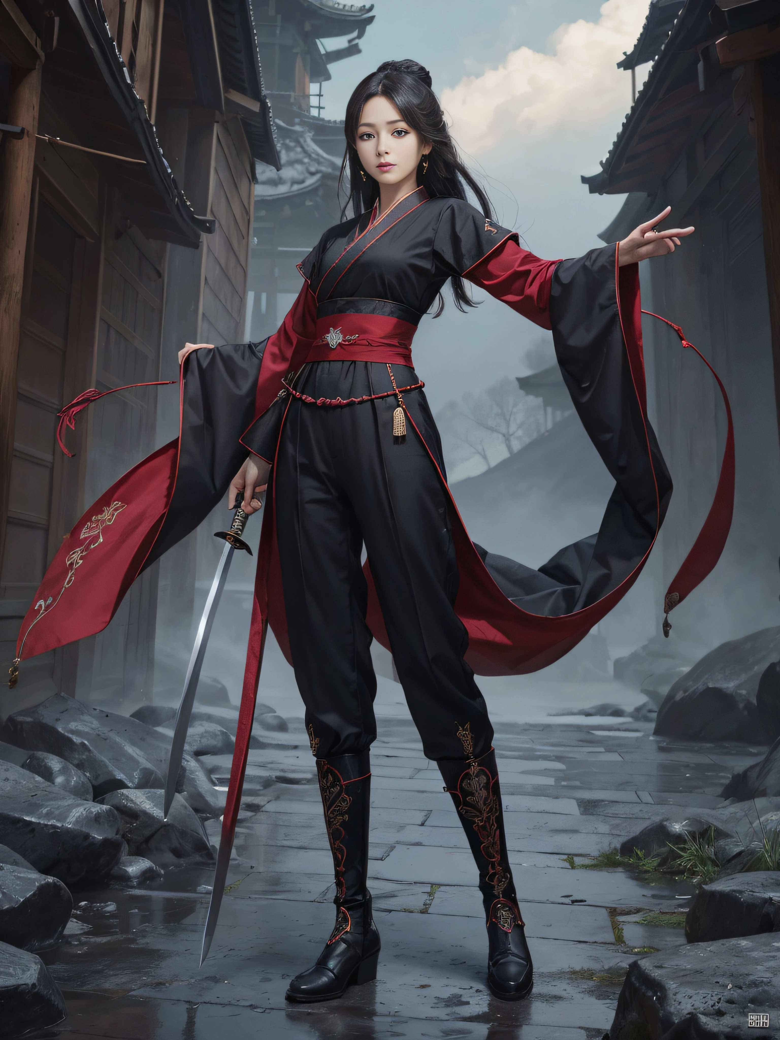Royal sister,swordsmen,Big sister type,Oriental women,gallant woman,Cold sass,tmasterpiece,A high resolution,,Absolutely beautiful,,looking toward the viewer,frontage,(Wide buttock:1.3),(Thick legs:1.4),are standing,exquisitedetails,A high resolution,Wallpapers,1female,独奏,,enchanted、Raised sexy, cruel grin,ancient wind,Hanfu,,Black all over,dark,Wear long pants,Wear boots,embroidery, natural poses,standing on your feet, 6K,HDR,A high resolution,