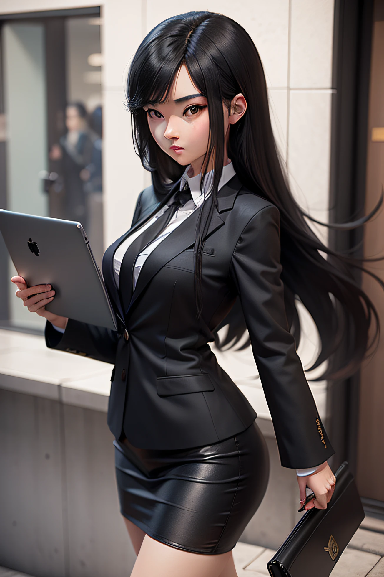 young female, long anda black hair, style 3D, like Hayao Miyazaki, holding a laptop, wearing a black suit, working at the desketop