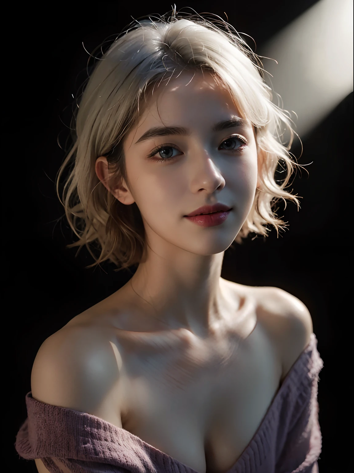 Best quality, masterpiece, ultra high res, (photorealistic:1.5), raw photo, 1girl, offshoulder, in the dark, deep shadow, low key, cold light, sexy look, white hair, short wavy hair, purple eyes, light smile, average breasts
