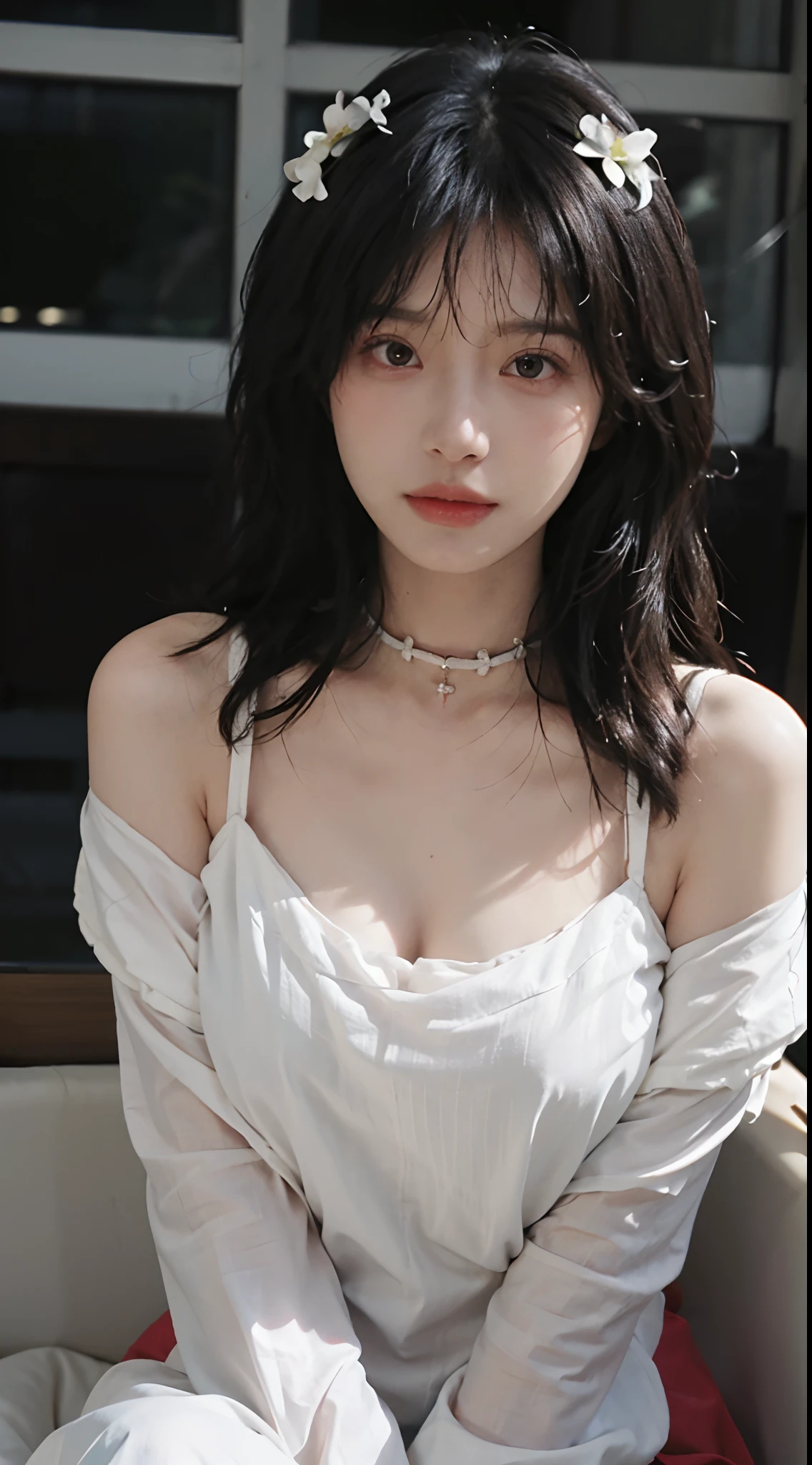 best qualtiy,tmasterpiece,超高分辨率,(realisticlying:1.4),1girll,Large wavy curls,二重まぶた,A pair of peach blossom eyes,choker necklace,Raised sexy,Snow-white translucent skin,head straight-looking at viewer,On the yacht,flatchest,flatchest,flatchest,Full of atmosphere,Cleavage is seductive,,Red dress:1.8,(The upper part of the body:1.4),
