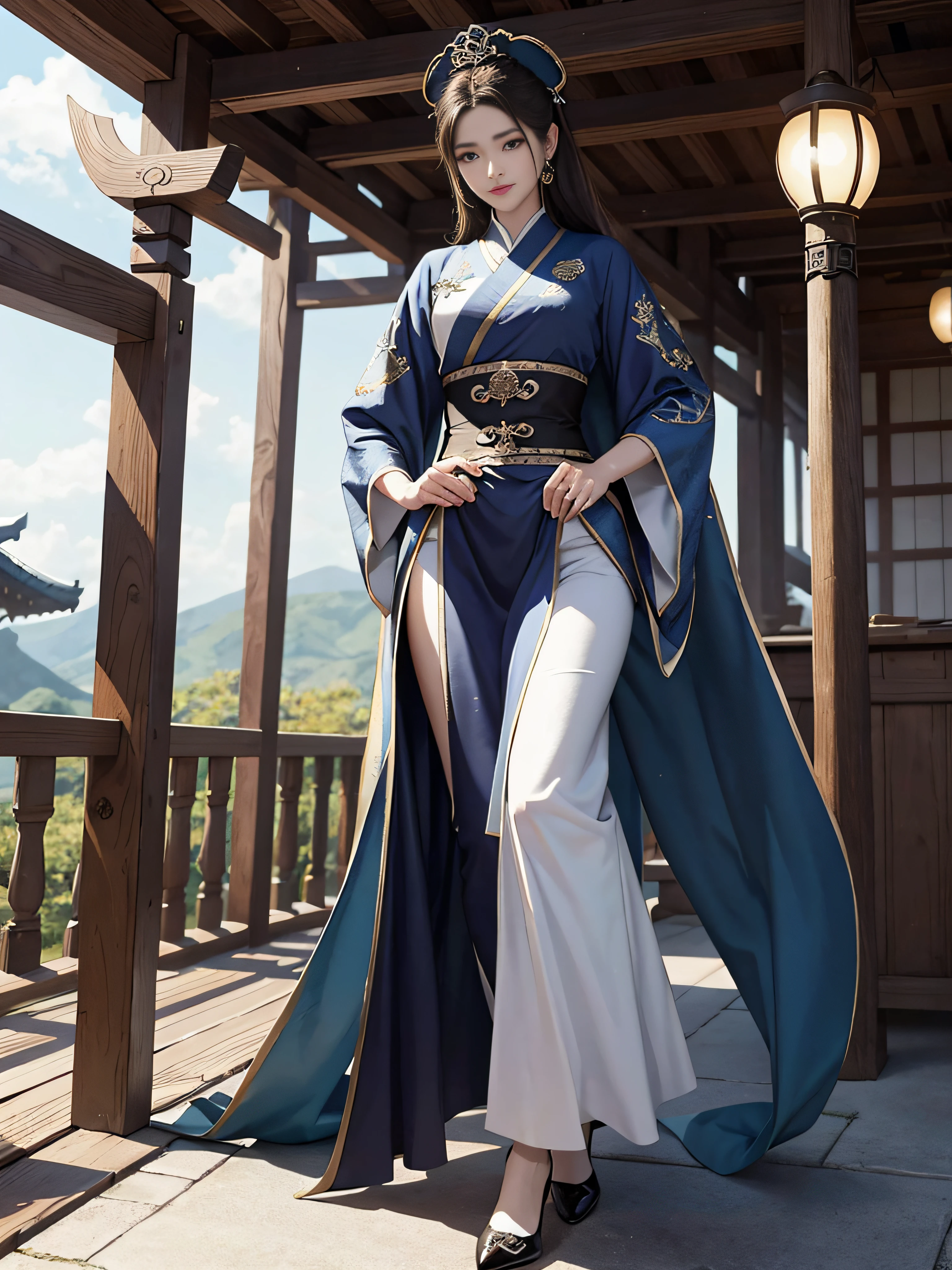 Royal sister，swordsmen，Big sister type，Oriental women，gallant woman，Cold sass，tmasterpiece，A high resolution,,Absolutely beautiful,，looking toward the viewer，frontage，（Wide buttock：1.3），（Thick legs：1.4），are standing，exquisitedetails,A high resolution,Wallpapers,1female,独奏,，enchanted、Raised sexy， cruel grin，ancient wind，Hanfu,，Black all over，dark，Wear long pants，Wear boots，embroidery, natural poses,standing on your feet， 6K，HDR，A high resolution，