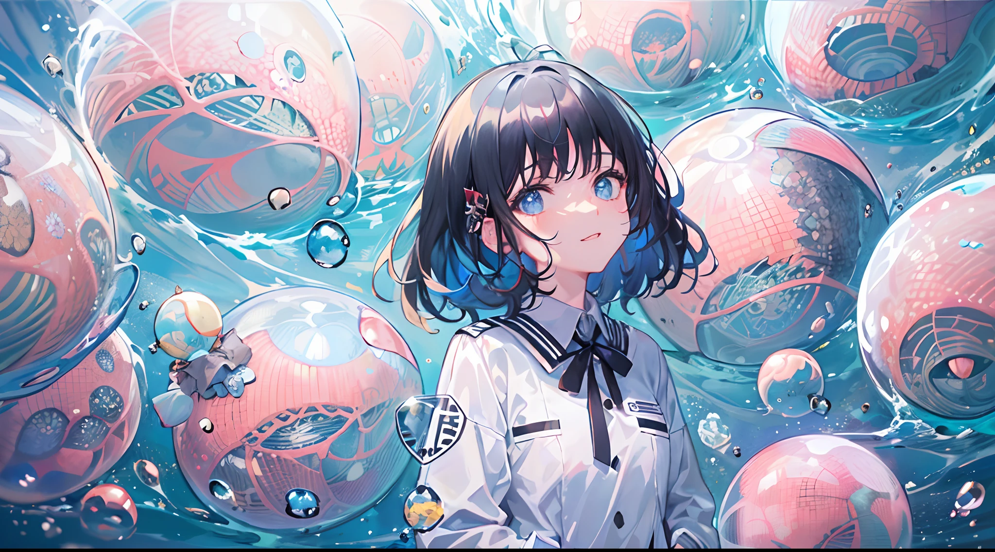 ((top-quality)), ((masterpiece)), ((ultra-detailliert)), (extremely delicate and beautiful), girl with, 独奏, cold attitude,((Black jacket)),She is very(relax)with the(Settled down)Looks,A dark-haired, depth of fields,evil smile,Bubble, under the water, Air bubble,bright light blue eyes,Inner color with black hair and light blue tips,Cold background,Bob Hair - Linear Art, shortpants、knee high socks、White uniform like school uniform、Light blue ribbon ties、Clothes are sheer、Hands in pockets