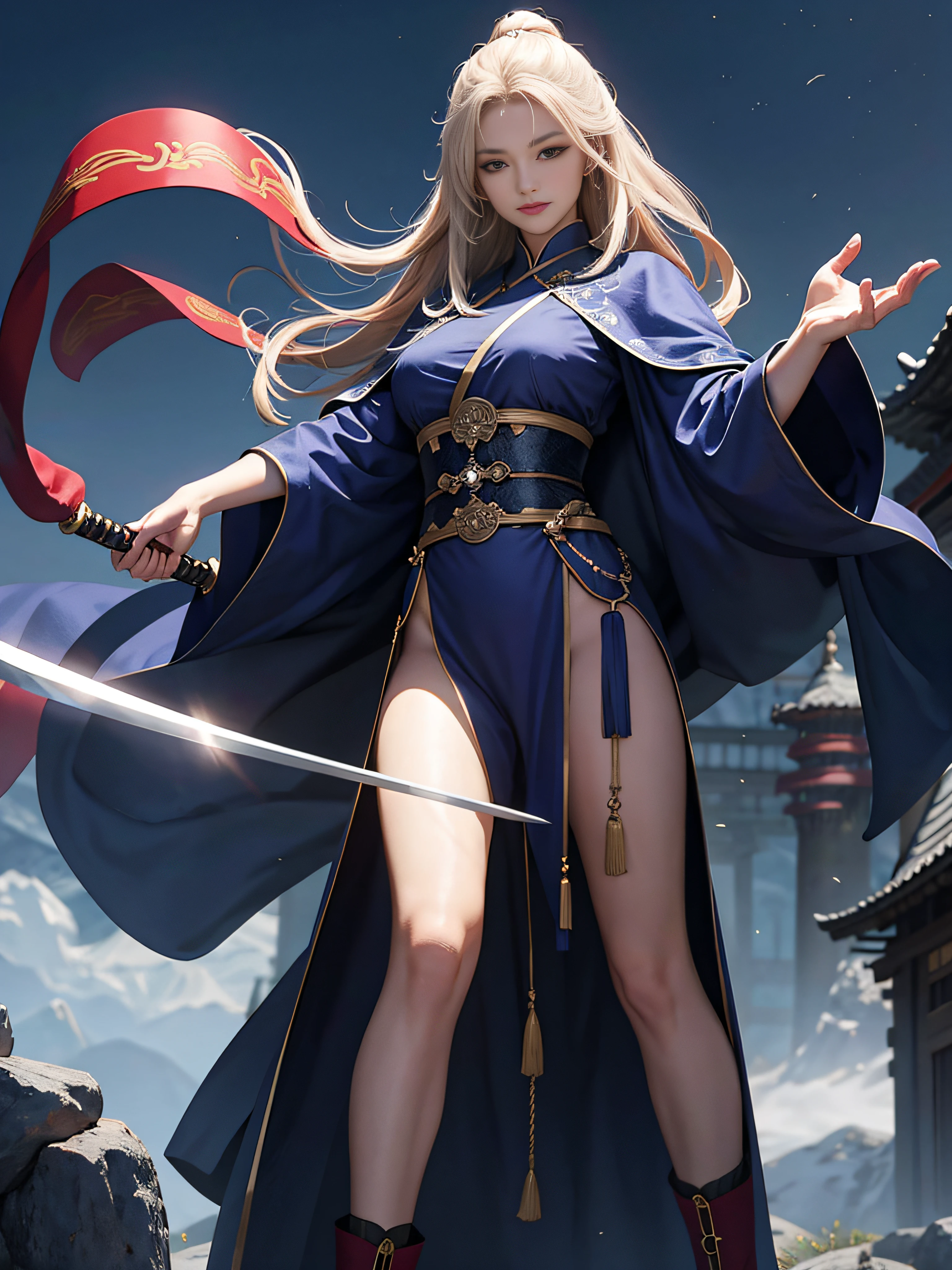 Royal sister,swordsmen,Big sister type,Oriental women,gallant woman,Cold sass,tmasterpiece,A high resolution,,Absolutely beautiful,,looking toward the viewer,frontage,(Wide buttock:1.3),(Thick legs:1.4),are standing,exquisitedetails,A high resolution,Wallpapers,1female,独奏,,enchanted、Raised sexy, cruel grin,ancient wind,Hanfu,,Black all over,dark,Wear long pants,Wear boots,embroidery, natural poses,standing on your feet, 6K,HDR,A high resolution,