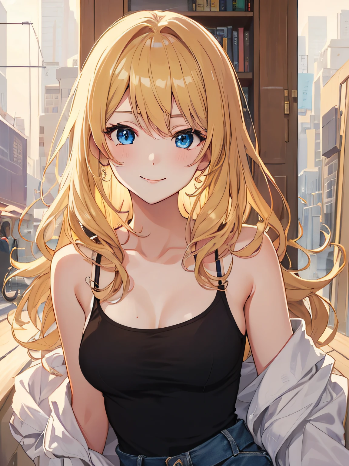 20 years old women,blonde staright long hair,green eyes,(happy:1.4),medium breasts,white sleeveless shirt,denim shorts,hug,city,clear sky,(pov:1.2)