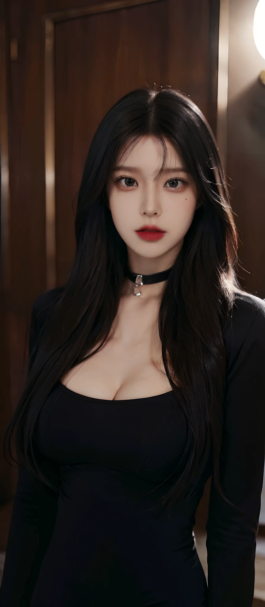 4k-ultra clear、highest quality, Artwork, Ultra high resolution, (Reality: 1.4), hot girl, sexy eyes, Off-shoulder sweater dresses, cinematic lighting、purple and black hair、(My girl、makeup goth、My makeup)、(Pierced ears、Big breasts、Oversized black open-shoulder t-shirt dark mini-skirt)、((dark makeup、Oily skin, glossy skin、Realistic skin texture、detailed beautiful skin、glossy skin)), area dark city center at night、Kabukicho、Dark Cyberpunk、(Sharp shot:1.8)、Slim legs、Thin arms、Thin shoulders、Slim waist、Slender body、Large breasts、Full body