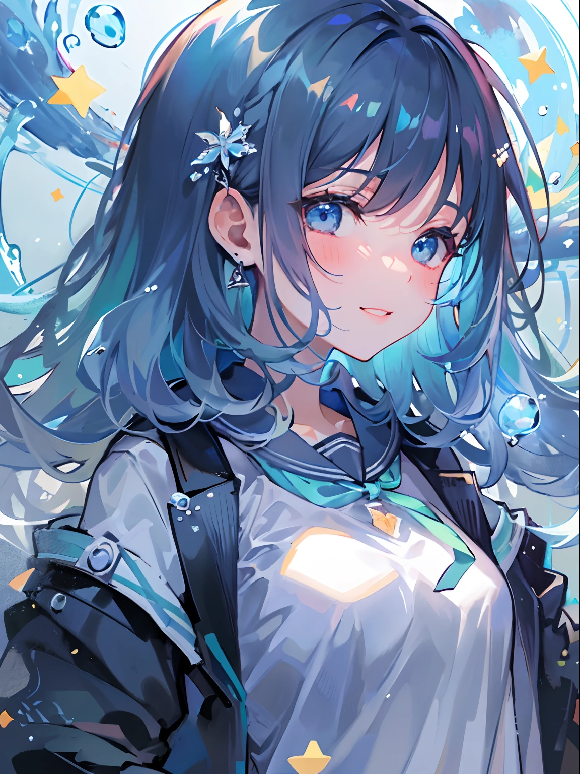 ((top-quality)), ((​masterpiece)), ((ultra-detailliert)), (extremely delicate and beautiful), girl with, 独奏, cold attitude,((Black jacket)),She is very(relax)with  the(Settled down)Looks,A dark-haired, depth of fields,evil smile,Bubble, under the water, Air bubble,bright light blue eyes,Inner color with light blue hair and dark blue tips,Cold background,Bob Hair - Linear Art, shortpants、knee high socks、White uniform like school uniform、Light blue ribbon ties、Clothes are sheer、Hands in pockets