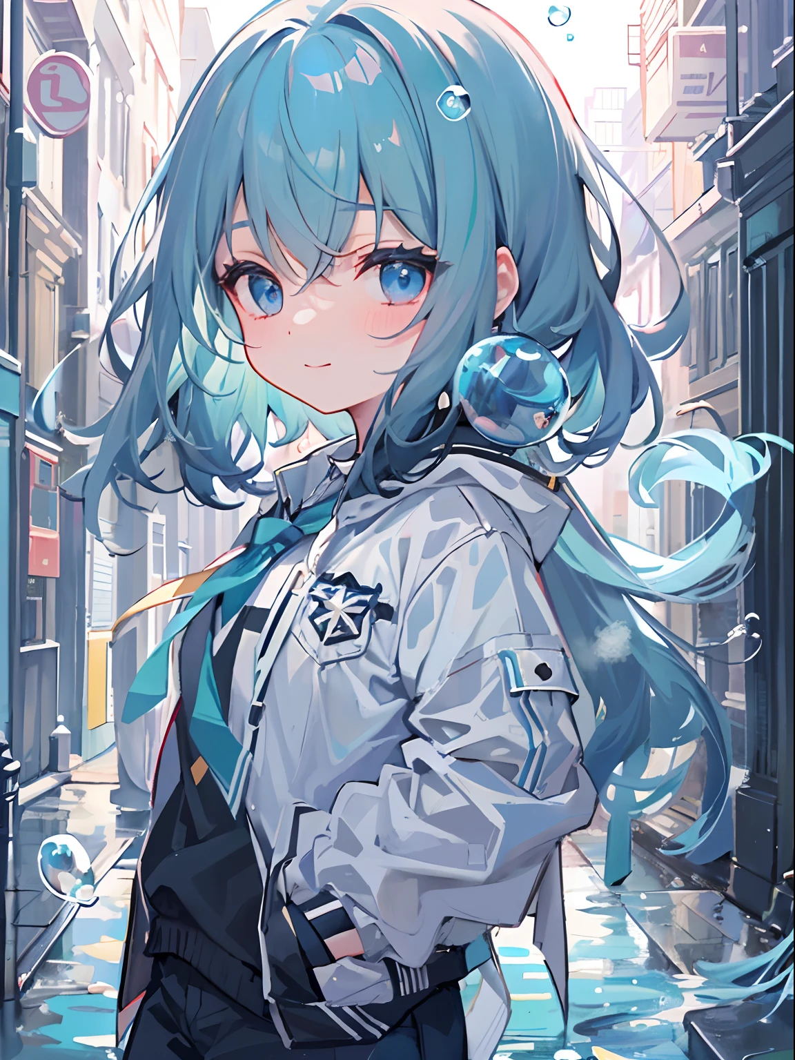 Anime girl with blue hair and blue eyes standing in a narrow alley ...