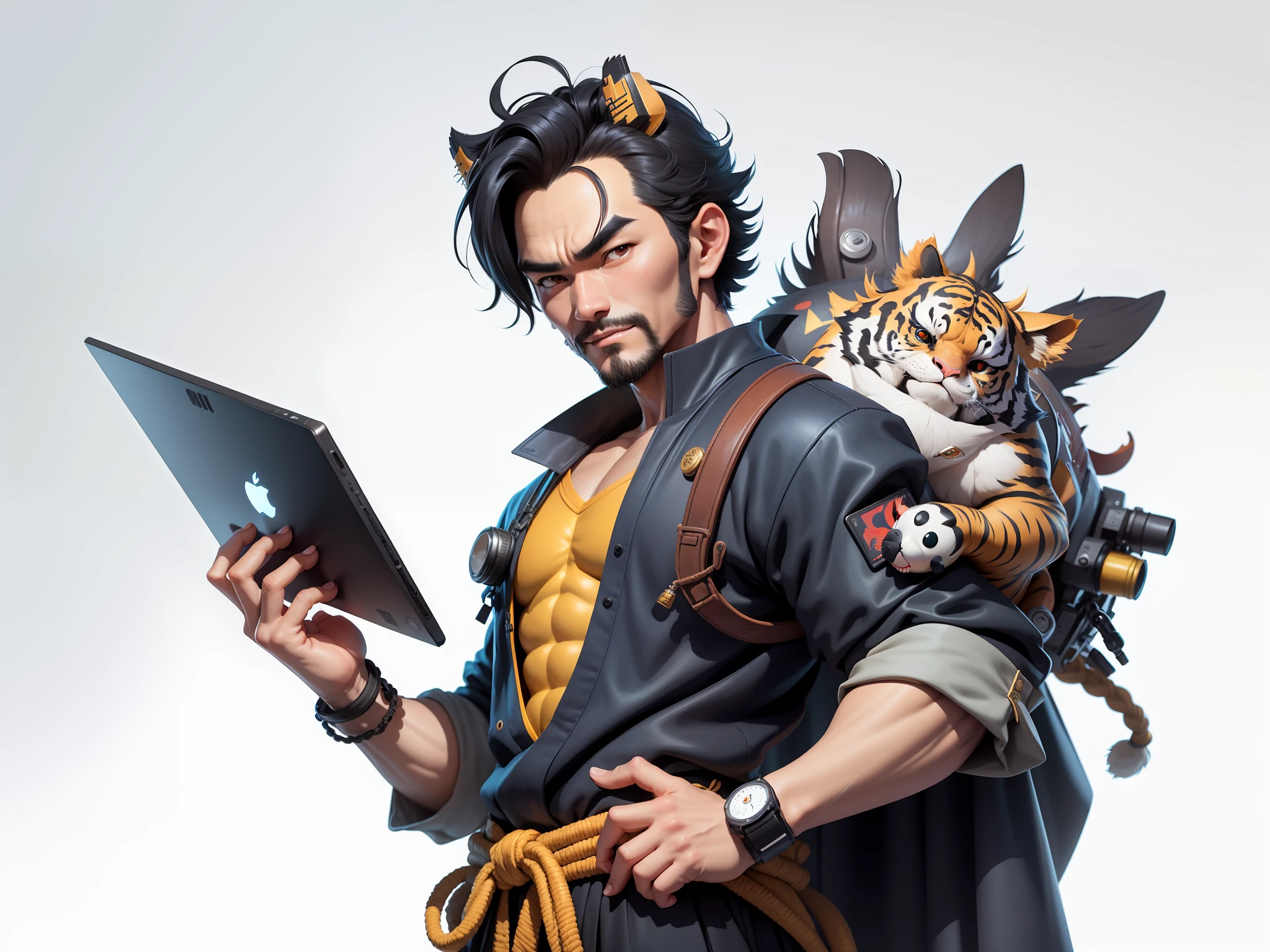 (Daisaku),(Need),(Super meticulous),(full bodyesbian:1.2),Super young man with Japanese geisha,Beautiful,orient,one tiger,Aeolian Thor,Raised sexy,爆乳,Oriental face,TV Anchor,Bust portrait illustration,In black suit,a blue tie,The face is slightly chubby,The face was clean,without a beard,Black super short hair,Black eyes,Smile confidently,3C computer sub-products,iPad, iphone,Digital painting,3D character design by Mark Clairen and Pixar and Hayao Miyazaki and Akira Toriyama,The illustration is a high-definition illustration in 4K resolution,With very detailed facial features and cartoon-style visuals。
