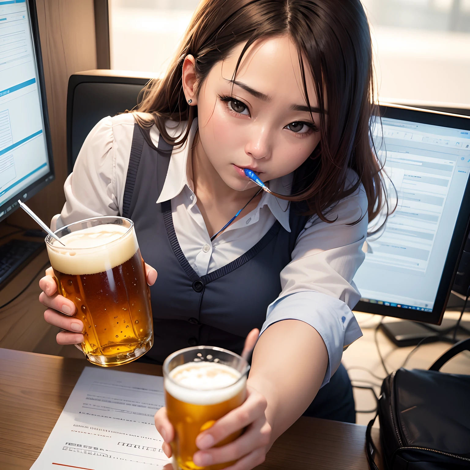 Office worker drinking beer deliciously after work、Puh --auto