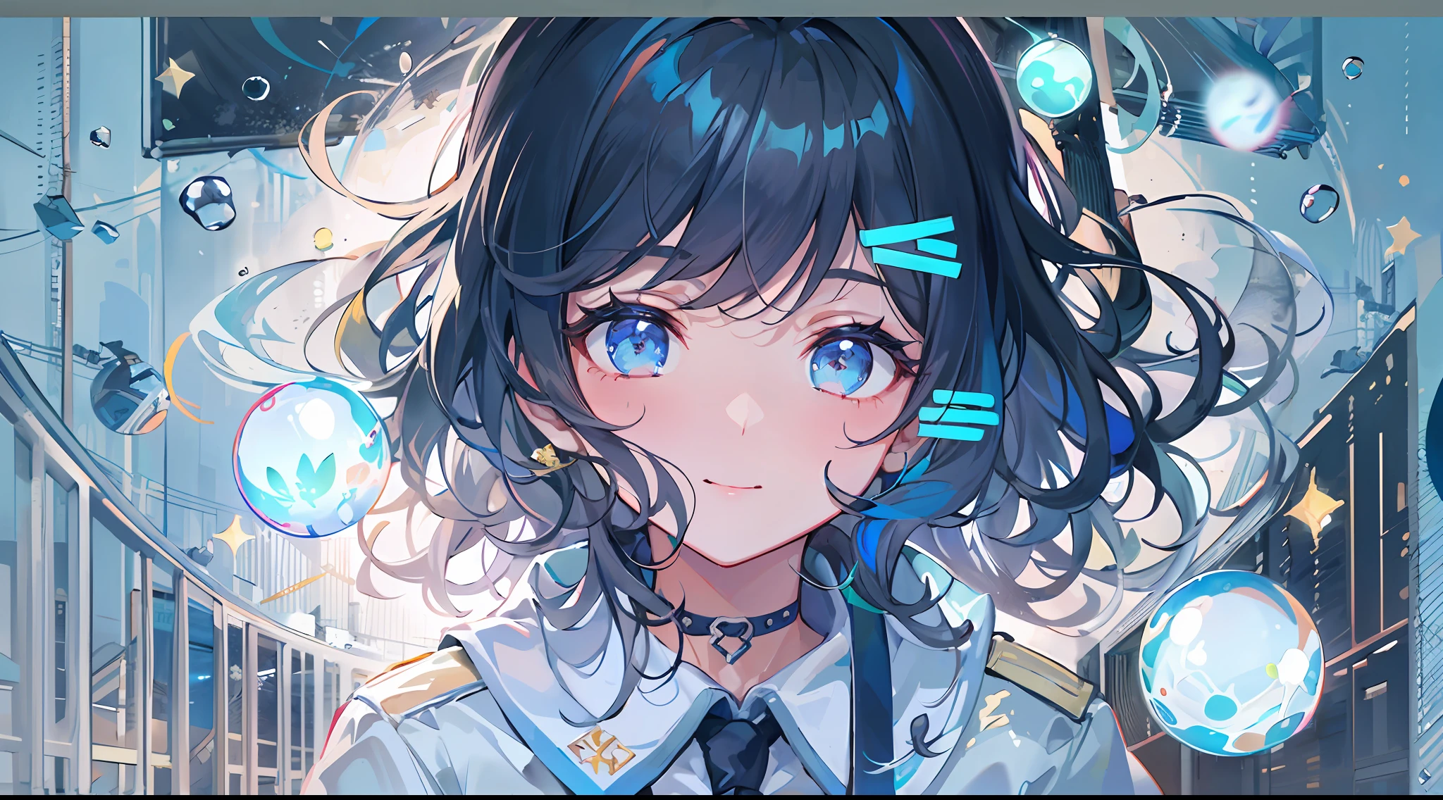 ((top-quality)), ((​masterpiece)), ((ultra-detailliert)), (extremely delicate and beautiful), girl with, 独奏, cold attitude,((Black jacket)),She is very(relax)with  the(Settled down)Looks,A dark-haired, depth of fields,evil smile,Bubble, under the water, Air bubble,bright light blue eyes,Inner color with light blue hair and dark blue tips,Cold background,Bob Hair - Linear Art, shortpants、knee high socks、White uniform like school uniform、Light blue ribbon ties、Clothes are sheer、Hands in pockets