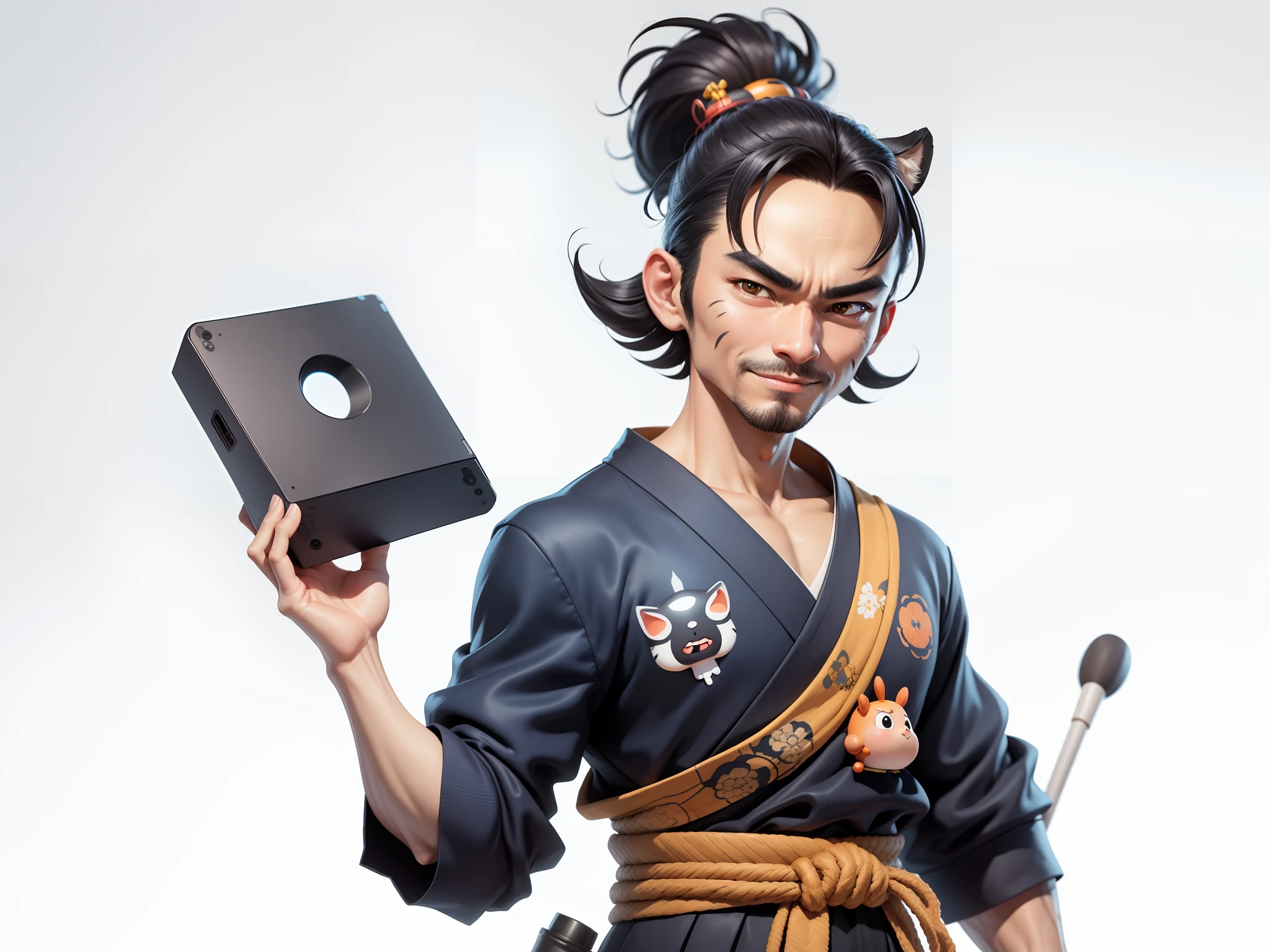 (Daisaku),(Need),(Super meticulous),(full bodyesbian:1.2),Super young man with Japanese geisha,Beautiful,orient,one tiger,Aeolian Thor,Raised sexy,爆乳,Oriental face,TV Anchor,Bust portrait illustration,In black suit,a blue tie,The face is slightly chubby,The face was clean,without a beard,Black super short hair,Black eyes,Smile confidently,3C computer sub-products,iPad, iphone,Digital painting,3D character design by Mark Clairen and Pixar and Hayao Miyazaki and Akira Toriyama,The illustration is a high-definition illustration in 4K resolution,With very detailed facial features and cartoon-style visuals。