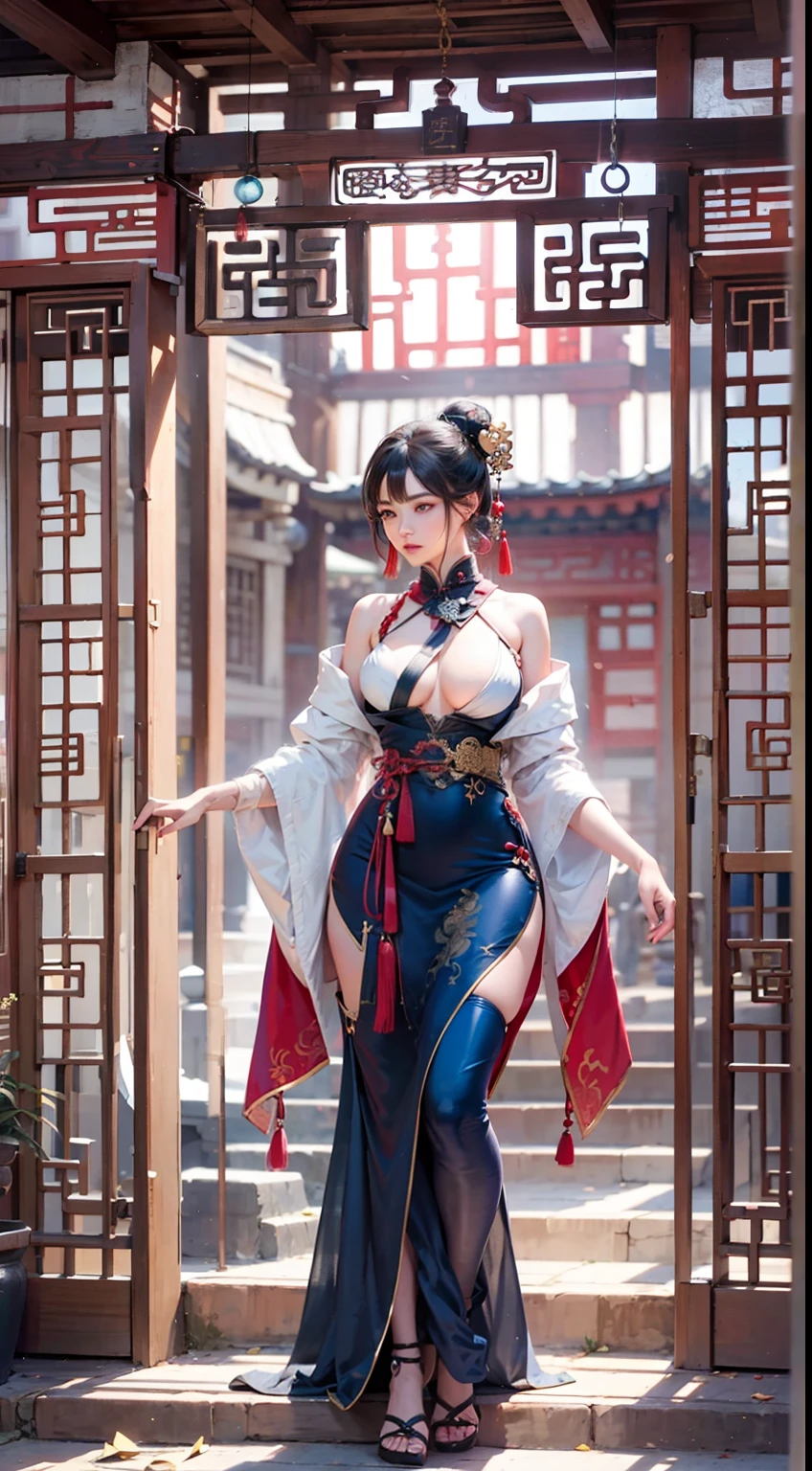 Ancient Chinese architecture,National style beautiful girl,Wear revealing Hanfu,Simple clothing, Minimalist style,Mixed Chinese and American races,The background is blurred out,focal,电影灯光,(((tmasterpiece))), ((best qualtiy)), ((Complex and detailed)), ((ultra-realistic realism)), Ridiculous resolution, A MILF, Mature woman, ssee-through, highly detailed, illustratio, 1girll, (mediuml breasts), Thin waist and thick hips,long leges,beatiful detailed eyes, short detailed hair, brunette color hair, a purple eye, blackstockings,lacy clothing,Skirt that wraps hips,tightsuit,Chest bulge,with faintly visible,Cool clothing,Cocked buttocks,The body proportions are perfect,(No underwear),pantiess, detailed back ground, perfect eyes, Seductive eye, (nice hand),Detail hands,looking at viewert,From the front,Wear light,juicy legs,deep v big breasts,