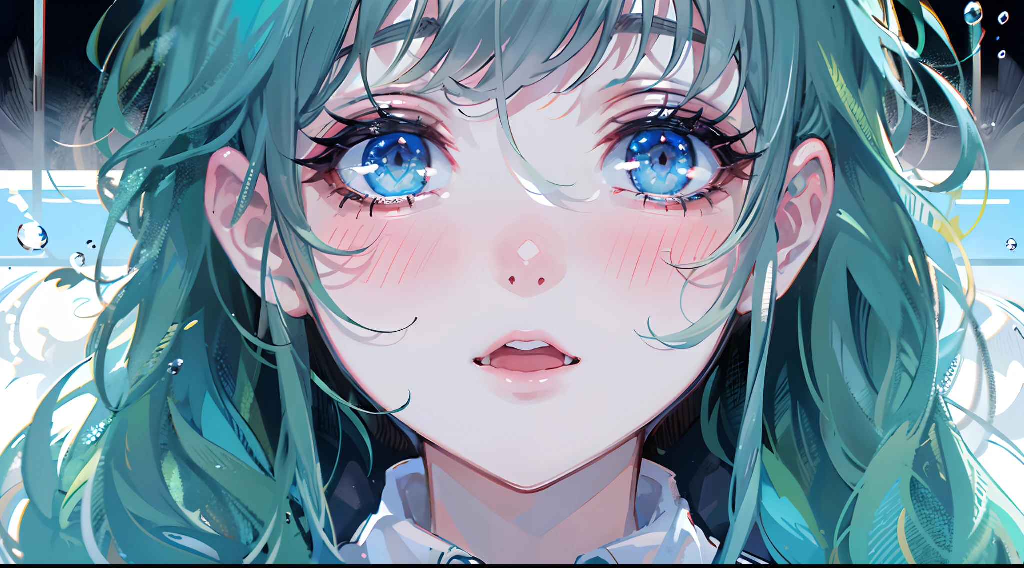 ((top-quality)), ((masterpiece)), ((ultra-detailliert)), (extremely delicate and beautiful), girl with, 独奏, cold attitude,((Black jacket)),She is very(relax)with the(Settled down)Looks,A dark-haired, depth of fields,evil smile,Bubble, under the water, Air bubble,bright light blue eyes,Inner color with black hair and light blue tips,Cold background,Bob Hair - Linear Art, shortpants、knee high socks、White uniform like school uniform、Light blue ribbon ties、Clothes are sheer、Hands in pockets