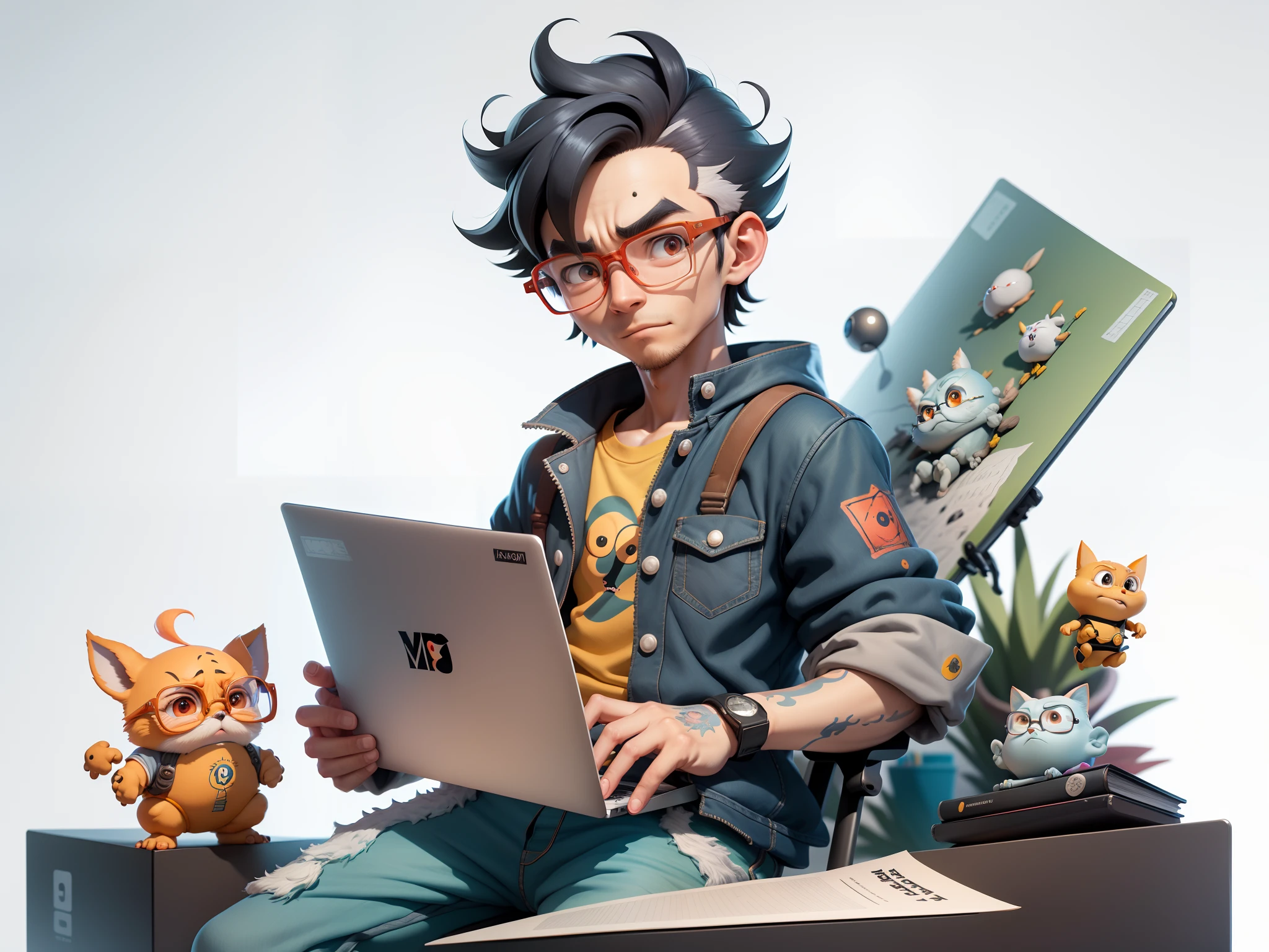 A young man with glasses sits at his desk,holding laptop,digitial painting,3D character design by Mark Clairen and Pixar and Hayao Miyazaki and Akira Toriyama,4K HD illustration,Very detailed facial features and cartoon-style visuals。