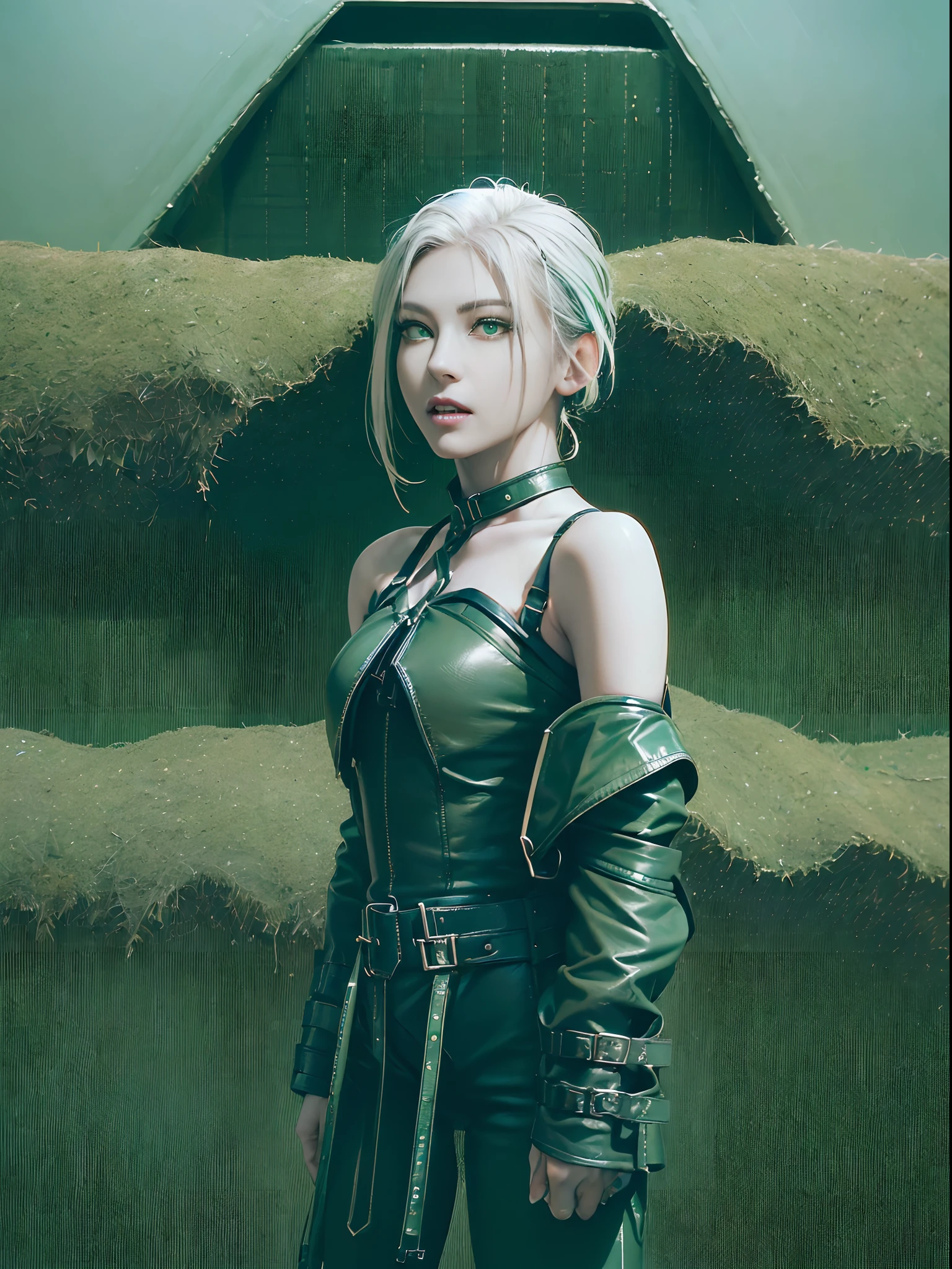 ((((Buckles, Straps)))), Seductive, ((Black leather)), (((((Succubus))))), Slightly happy, Short hair, (((white hair))), ((white hair with ((blue tips)))), blue dye, ((((((green eyes)))))), ((small breasts)), best quality, high-res, masterpiece, (((mature, woman))), solo, 1 girl