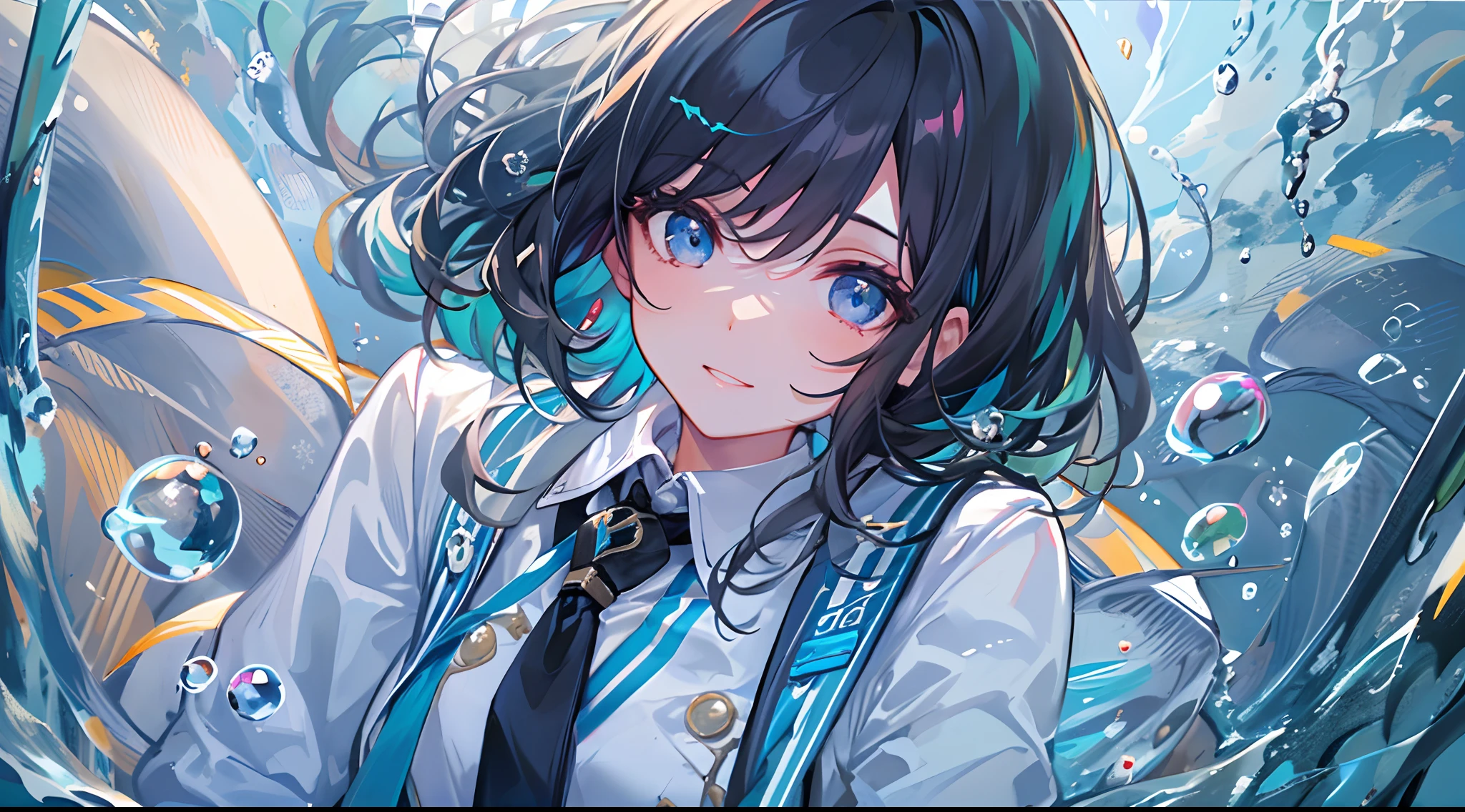 ((top-quality)), ((masterpiece)), ((ultra-detailliert)), (extremely delicate and beautiful), girl with, 独奏, cold attitude,((Black jacket)),She is very(relax)with the(Settled down)Looks,A dark-haired, depth of fields,evil smile,Bubble, under the water, Air bubble,bright light blue eyes,Inner color with black hair and light blue tips,Cold background,Bob Hair - Linear Art, shortpants、knee high socks、White uniform like school uniform、Light blue ribbon ties、Clothes are sheer、Hands in pockets