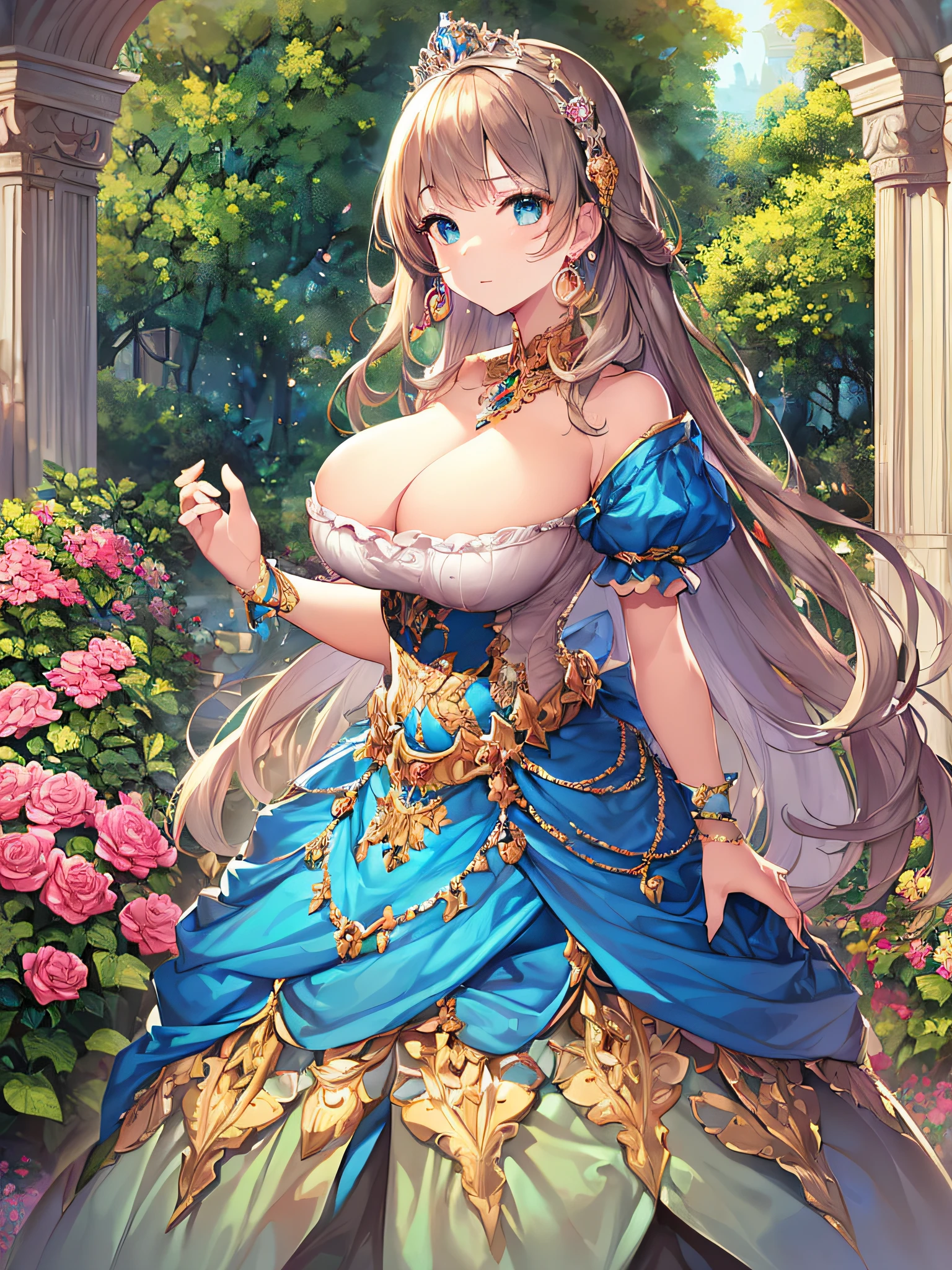 ((anime artstyle)),(Masterpiece),(Best Quality), (Super Detail),((Very Delicate and Beautiful)),(((Solo))),((full body portrait)),((1 princess in gorgeous princess rococo ballgown with voluminous full length hoop skirt)),((crinoline)),Long train,(((standing in garden))),(gorgeous gemstone jewelry),detailed face and eyes,jewel-like eyes,((large amount of straight hair,extremely voluminous Hair,Very Long Straight Hair)),((gigantic tits,Long tits)),cleavage,extremely gorgeousfull hair ornament,((bling-bling extremely gorgeousfull jeweled tiara)),((Dynamic Angle)),Looking at viewer,,flowers,flower petals flowing,((gorgeous princess rococo ballgown with voluminous full length hoop skirt))