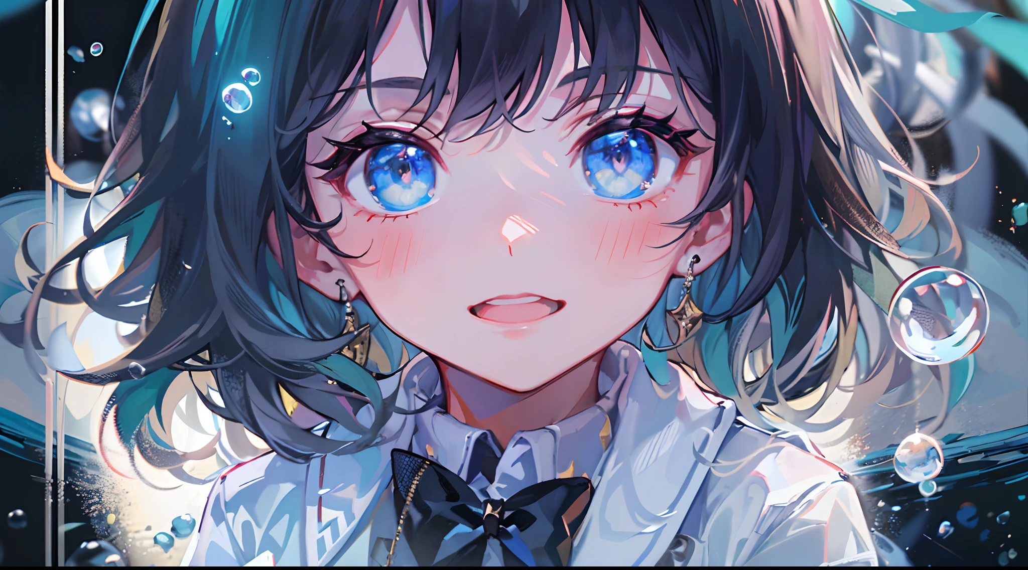 ((top-quality)), ((masterpiece)), ((ultra-detailliert)), (extremely delicate and beautiful), girl with, 独奏, cold attitude,((Black jacket)),She is very(relax)with the(Settled down)Looks,A dark-haired, depth of fields,evil smile,Bubble, under the water, Air bubble,bright light blue eyes,Inner color with black hair and light blue tips,Cold background,Bob Hair - Linear Art, shortpants、knee high socks、White uniform like school uniform、Light blue ribbon ties、Clothes are sheer、Hands in pockets