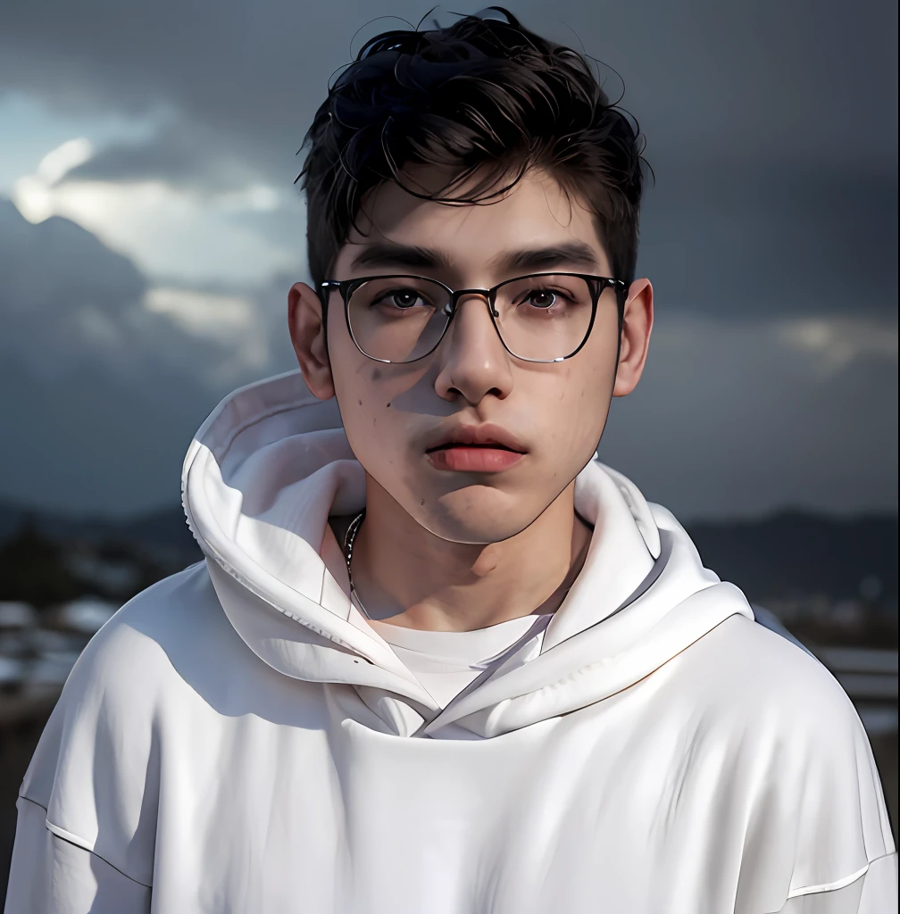 (masterpiece:1.2), (best quality:1.2), hyper realistic,highestres,absurdres,extremely detailed,volumetic,dramatic lighting,(frontal view),
20 year old boy,face,detailed eyes, white hoodie, black t-shirt, with background ((sky))