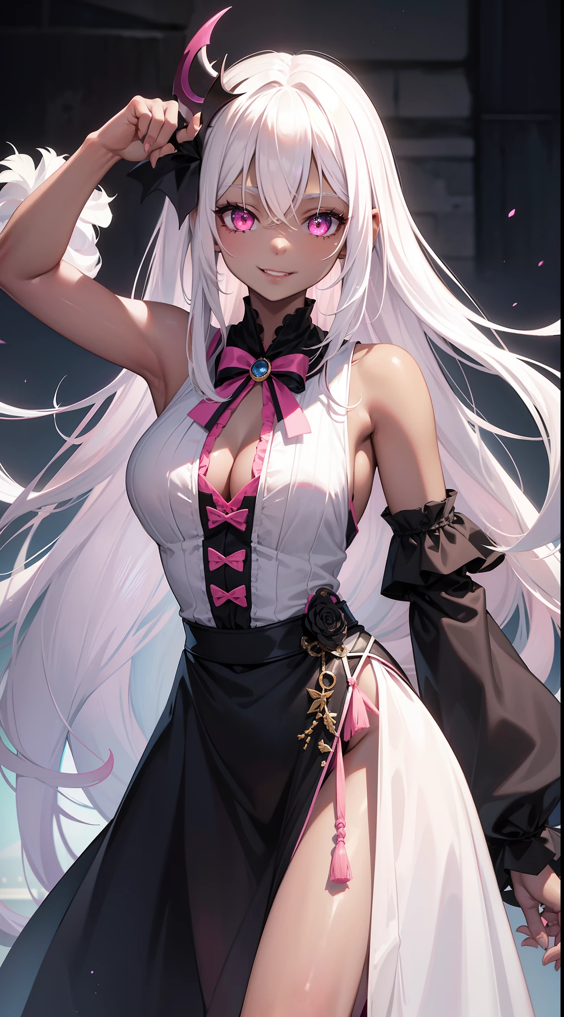 young girl, black skin, Long white hair with a pink parting, pink eyes, smirk, Vampire, White rich dress, Sleeveless, open breasts, Masterpiece, hiquality