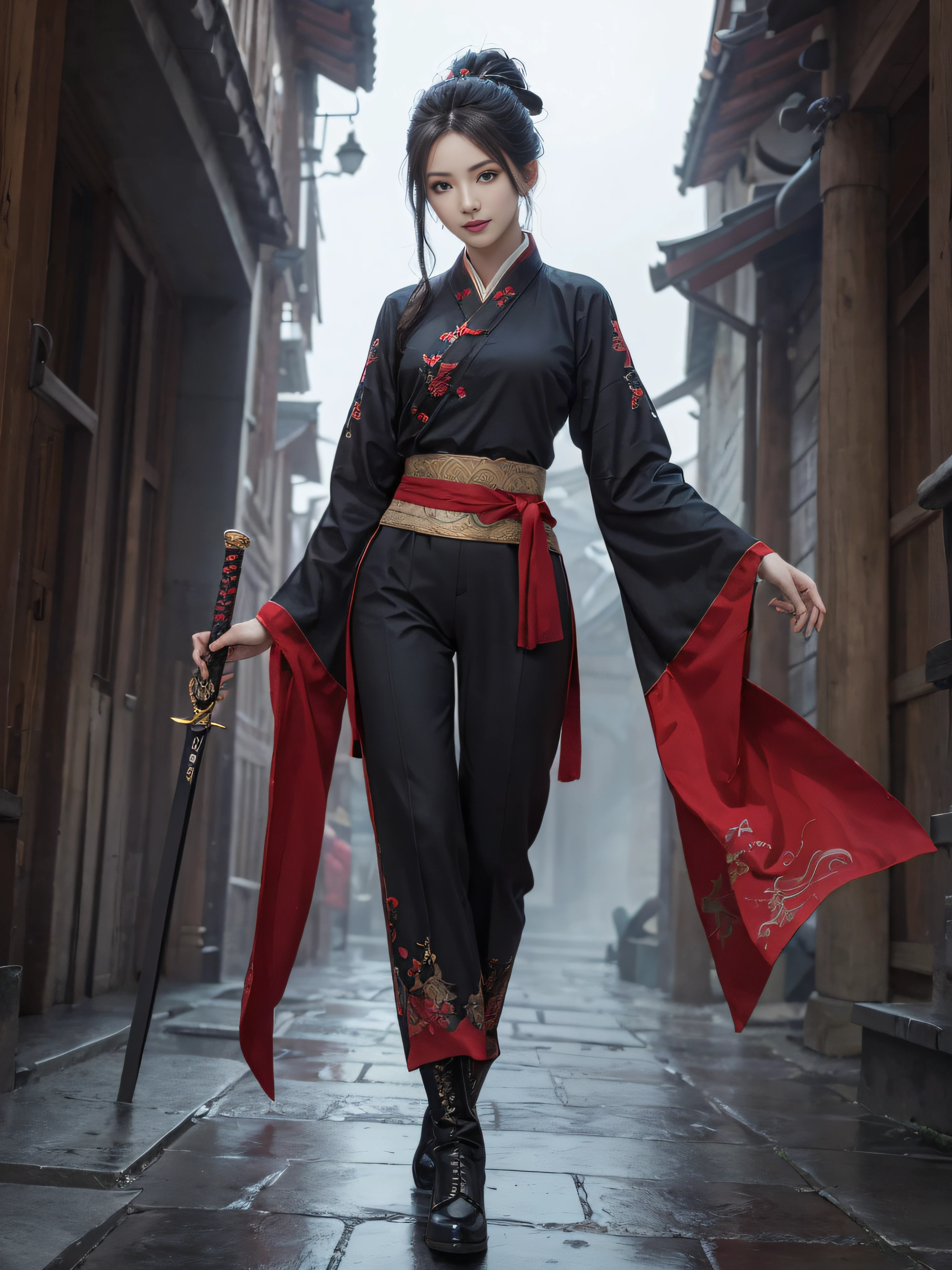 A woman in a black and red outfit holding a sword - SeaArt AI