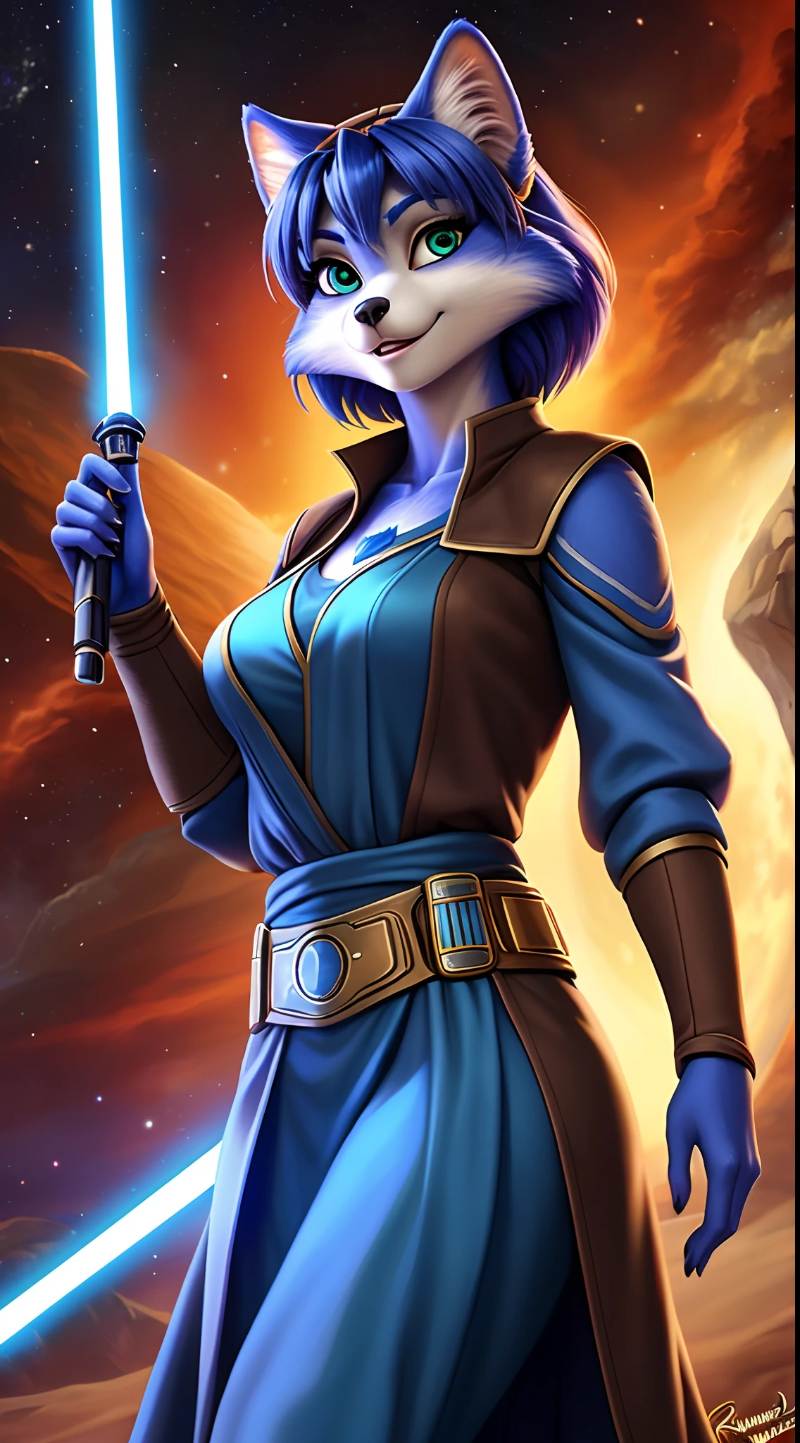 Von iskra, von wolfy-nail, von Personalami, Krystal, Krystal von Star Fox, weiblich, (detailliert), Ansicht des Betrachters, flauschig, solo, high resolution, fotorealistisch, niedlich schauend, verlegend schauend, Jedi outfit, outfit, ((jedi)), Star Wars, holds a blue lightsaber, blue lightsaber, ((double bladed lightsaber)), happy, Detailliert, green eyes, ((Detailed eyes), full-body, Weiblich, mager weiblich, looks happy, Blick auf den Betrachter, (Detailliert), flauschig, high resolution, fotorealistisch, detailliertes Fell, ((Schwanz richtige Position)), standing position,