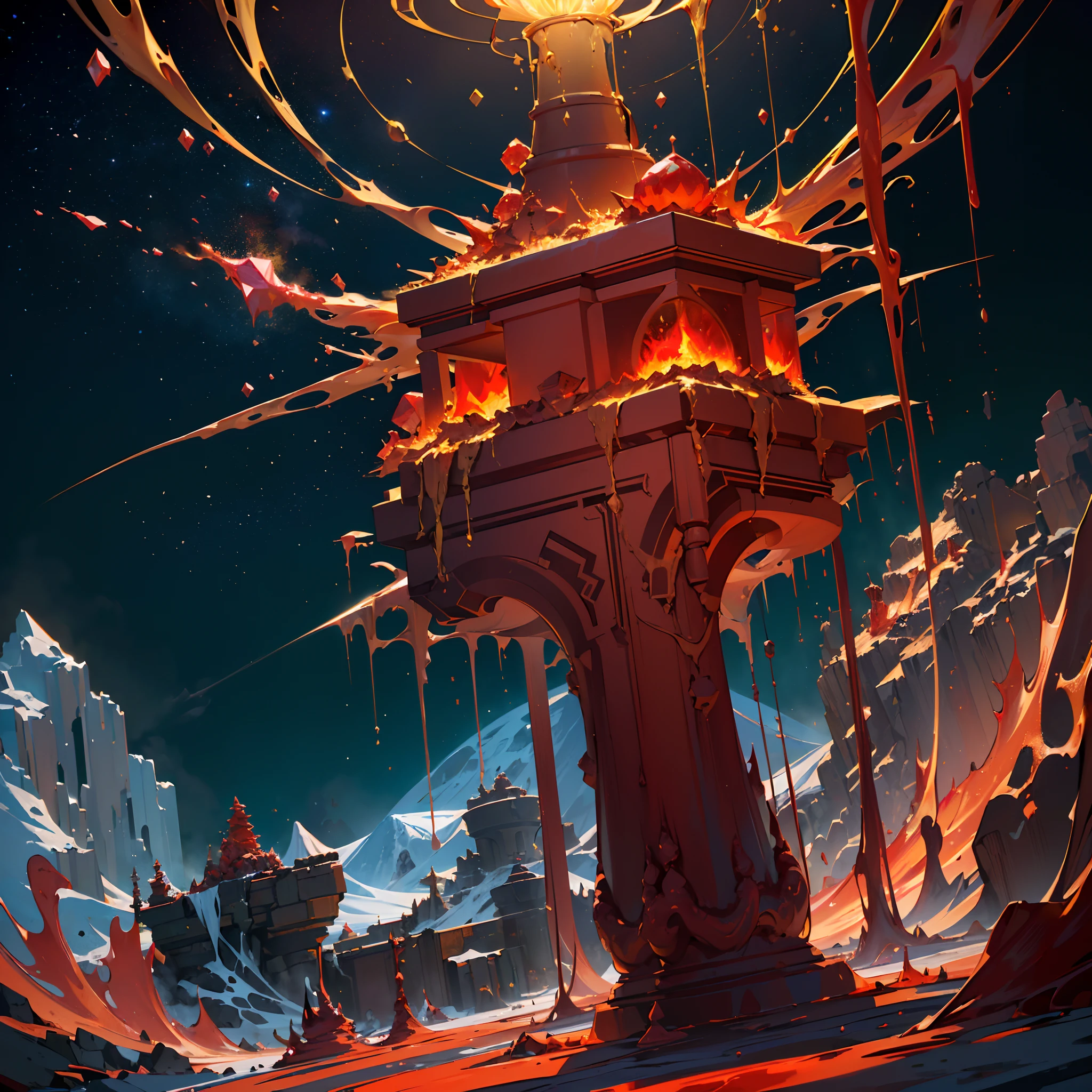 (Golden ratio:1.2),​master piece,[(Gray background:1.4)::10],(8K、HighestQuali、tmasterpiece:1.2)、Hyper-detailing。erupting volcano，Flowing magma， (//Red gem mines grow upwards around the volcano(The crazy growth of crystal ore forms red salt pillars):1.3//)。Photorealistic 8K fidelity,Superb photography skills,