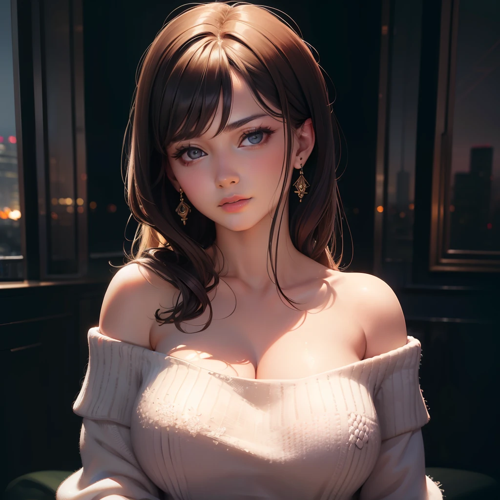 best quality ,masterpiece,ultra high res,(photo realistic:1.4), 1 woman , looking at viewer, Wearing oversized off-shoulder knit, very beautiful,kawaii, Cinematic, accent lighting, 8k, at luxury hotel