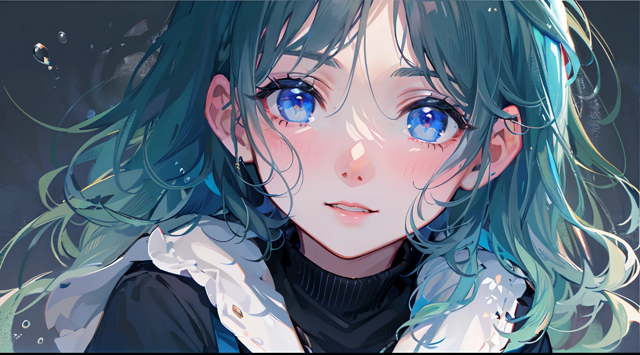 ((top-quality)), ((​masterpiece)), ((ultra-detailliert)), (extremely delicate and beautiful), girl with, 独奏, cold attitude,((Black jacket)),She is very(relax)with  the(Settled down)Looks,A dark-haired, depth of fields,evil smile,Bubble, under the water, Air bubble,bright light blue eyes,Inner color with light blue hair and dark blue tips,Cold background,Bob Hair - Linear Art, shortpants、knee high socks、White uniform like school uniform、Light blue ribbon ties、Clothes are sheer、Hands in pockets