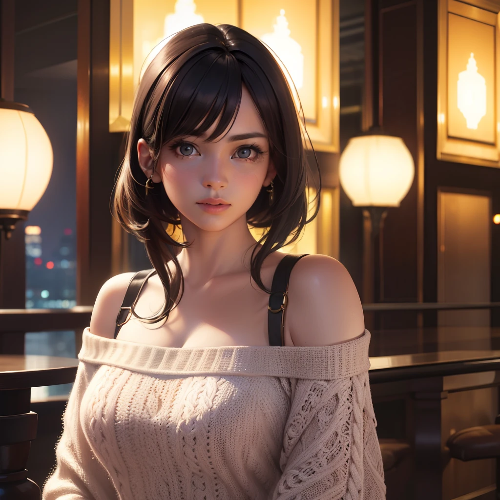 best quality ,masterpiece,ultra high res,(photo realistic:1.4), 1 woman , looking at viewer, Wearing oversized off-shoulder knit, very beautiful,kawaii, Cinematic, accent lighting, 8k, at luxury hotel