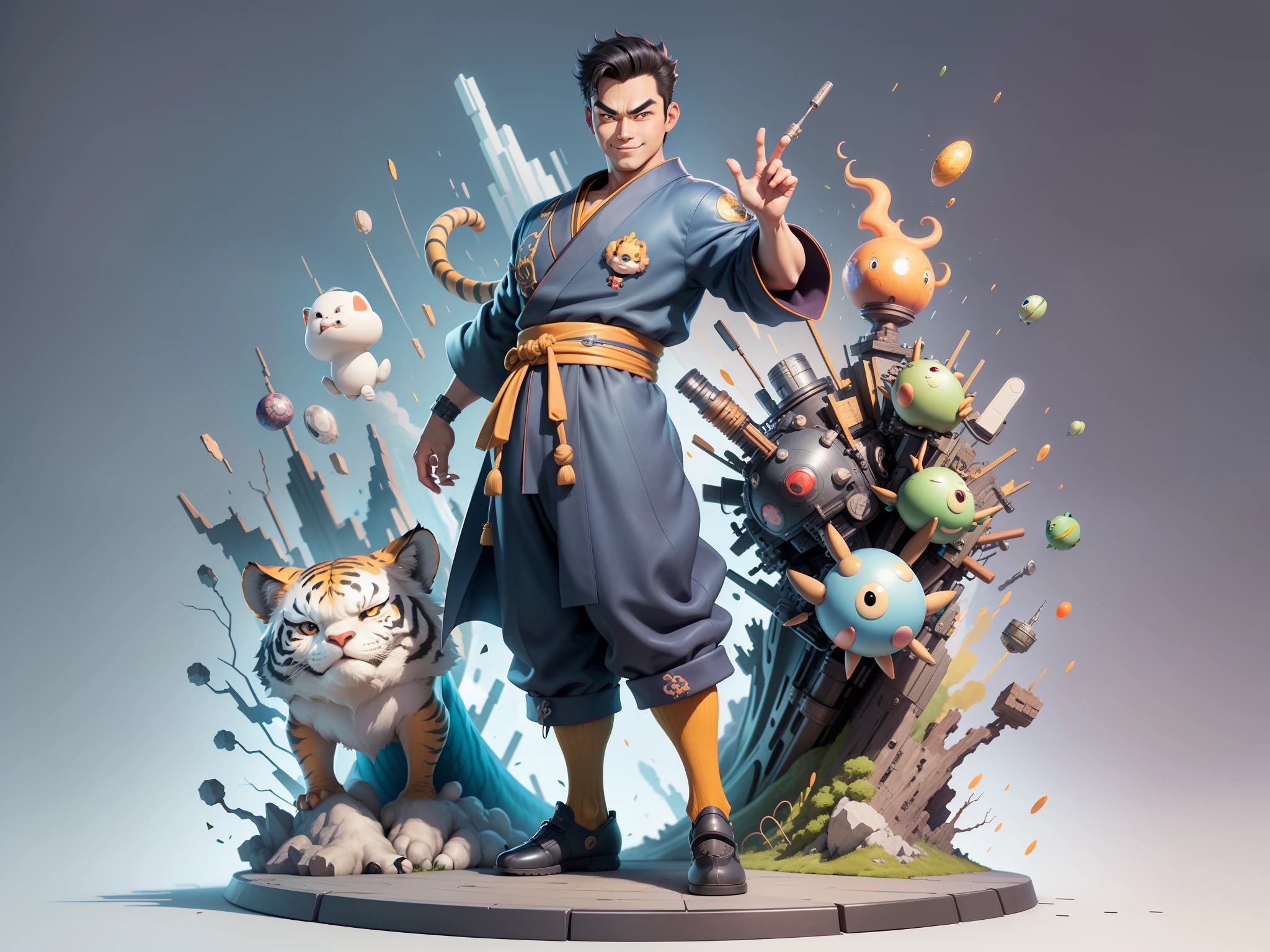 (Masterpiece), (Excellent), (Super Meticulous), (Full Body: 1.2), Super Young Man, Oriental Face, Japanese Kimono, Japanese Wind Thunder God, Dragon, Tiger, TV Anchor, Bust Portrait Illustration, Alone, Black Suit, Blue Tie, Slightly Chubby Face, Very Clean Face, No Beard, Black Super Short Hair, Black Eyes, Confident Smile, 3c Computer Sub-Products, iPad, iPhone, Digital Painting, 3D Character Design by Akira Toriyama and Mark Claireden and Pixar and Hayao Miyazaki, The illustration is a high-definition illustration in 4K resolution with very detailed facial features and cartoon-style visuals.