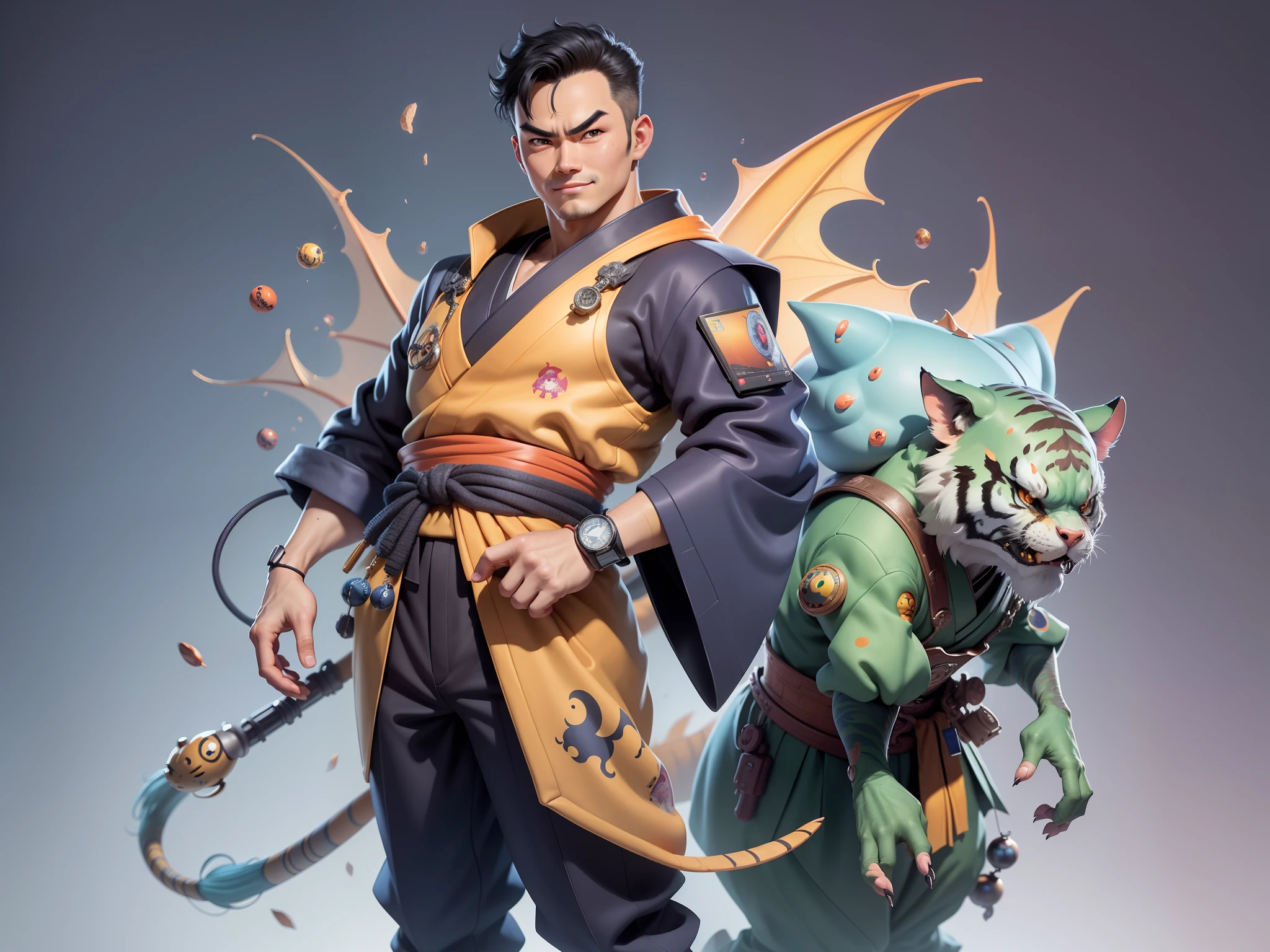 (Masterpiece), (Extreme Quality), (Super Meticulous), (Full Body: 1.2), Super Young Man, Oriental Face, Japanese Kimono, Background, Japanese Ascension Dragon, Cloud, Sky, Dragon, Tongue, Sky, Building, City, Blue Eyes, Open Mouth, Teeth, Horn, Glow, TV Anchor, Bust Portrait Illustration, Alone, Black Suit, Blue Tie, Slightly Chubby Face, Very Clean Face, No Beard, Black Super Short Hair, Black Eyes, Confident Smile, 3c Computer Sub-Products, iPad, iPhone, Digital painting, 3D character design by Akira Toriyama and Mark Claireden and Pixar and Hayao Miyazaki, the illustrations are HD illustrations in 4K resolution with very detailed facial features and cartoon-style visuals.