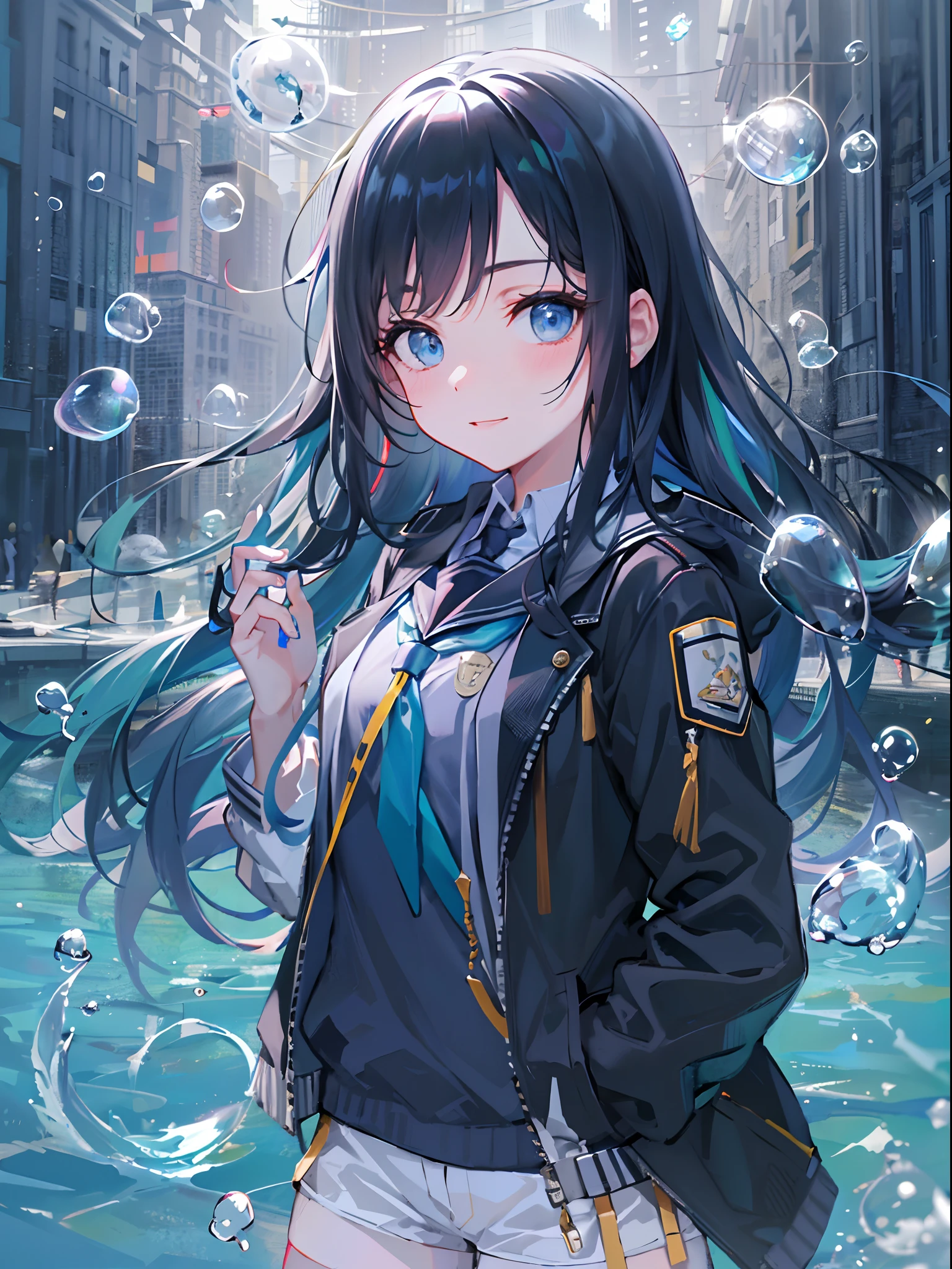 ((top-quality)), ((​masterpiece)), ((ultra-detailliert)), (extremely delicate and beautiful), girl with, 独奏, cold attitude,((Black jacket)),She is very(relax)with  the(Settled down)Looks,A dark-haired, depth of fields,evil smile,Bubble, under the water, Air bubble,bright light blue eyes,Inner color with black hair and light blue tips,Cold background,Bob Hair - Linear Art, shortpants、knee high socks、White uniform like school uniform、Light blue ribbon ties、Clothes are sheer、Hands in pockets