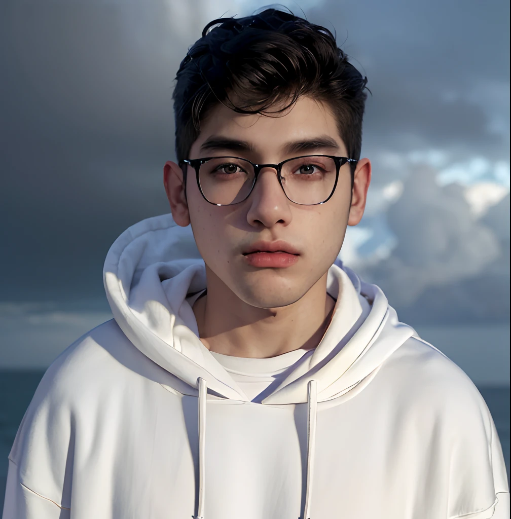 (masterpiece:1.2), (best quality:1.2), hyper realistic,highestres,absurdres,extremely detailed,volumetic,dramatic lighting,(frontal view),
20 year old boy,face,detailed eyes, white hoodie, black t-shirt, with background ((sky))