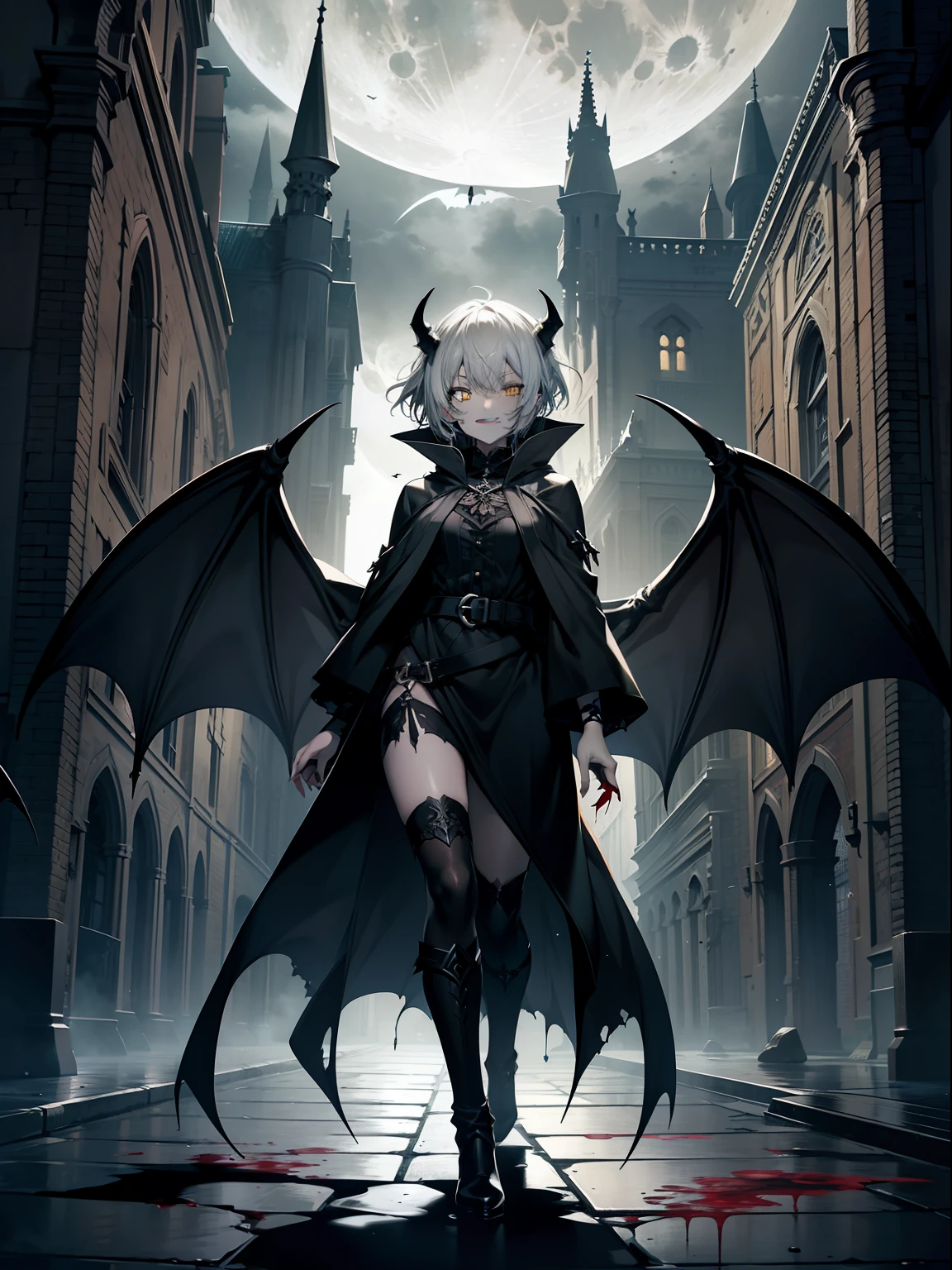 Gargoyle, humanoid, grey skin, grey tint, dark night, yellow eyes, glowing eyes, female, full body, stone skin, black robes, short hair, gothic style, moon, gothic house, bat wings, horns, cracks in skin, drenched in blood, corpses, sadistic smile, blood flowing on floor, standing